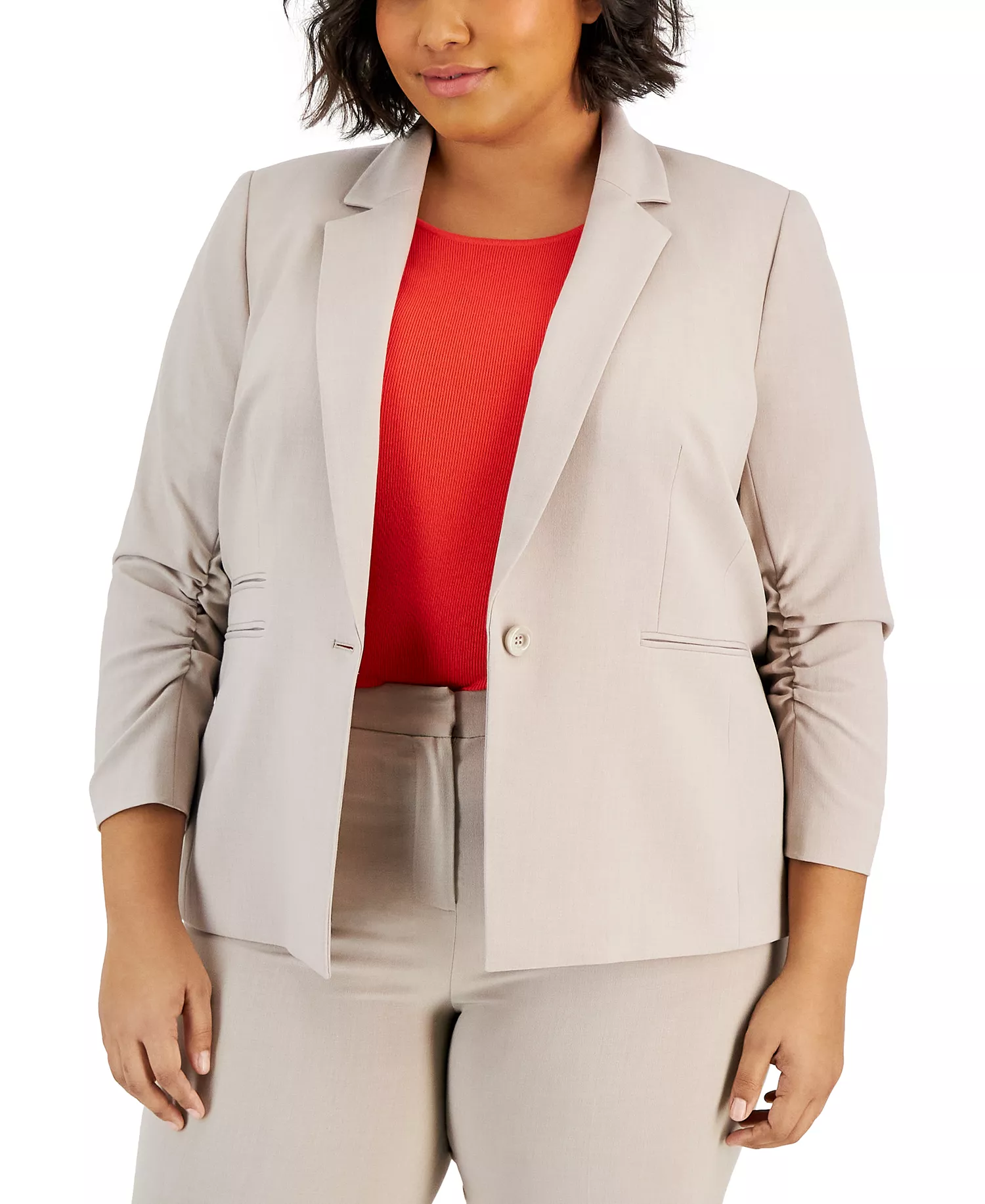 Plus Size Notched Collar Ruched-Sleeve Blazer - Sand - 14W