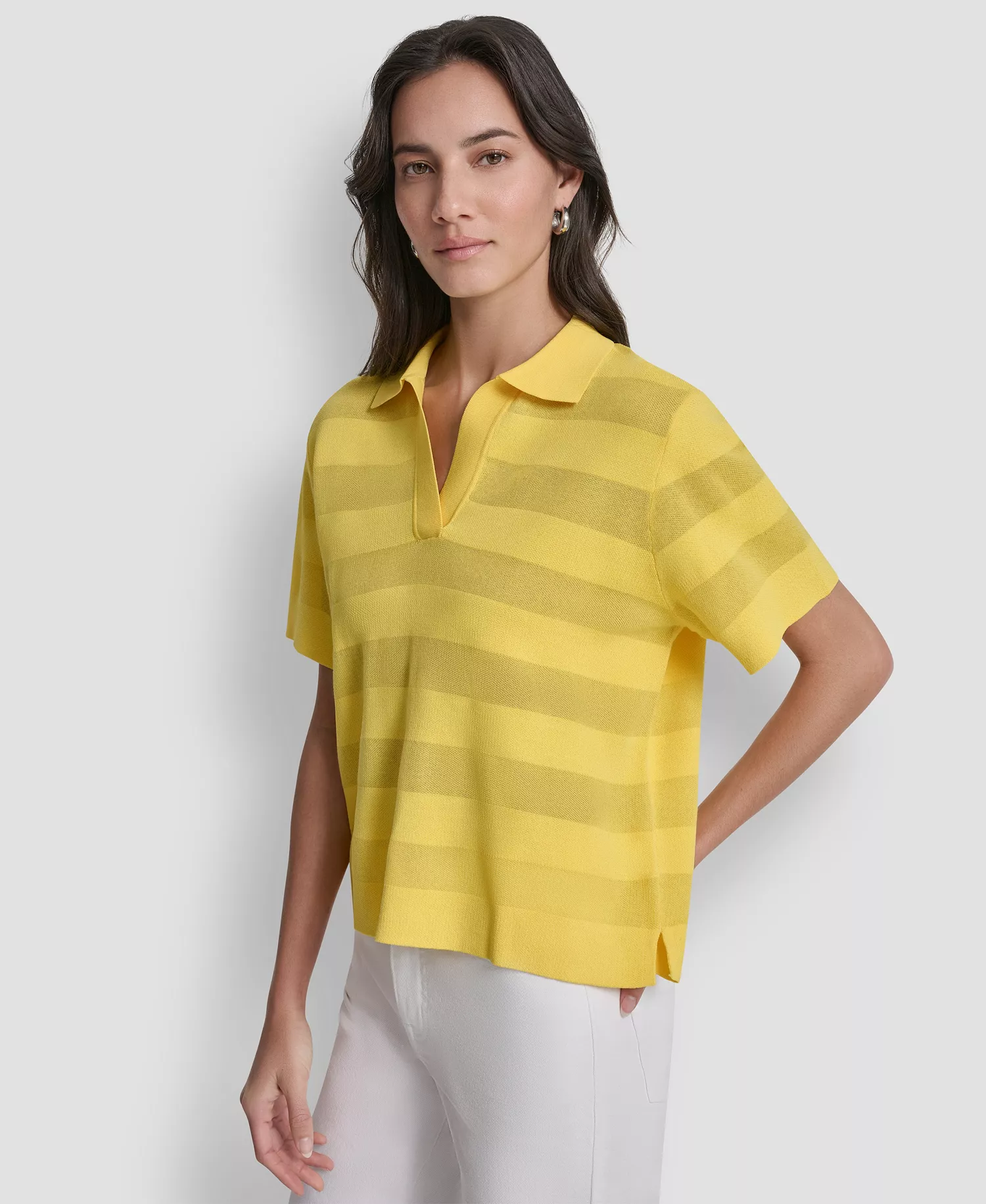 Women's Sheer Striped Collared Short-Sleeve Polo Shirt - Taxi Cab Yellow - L