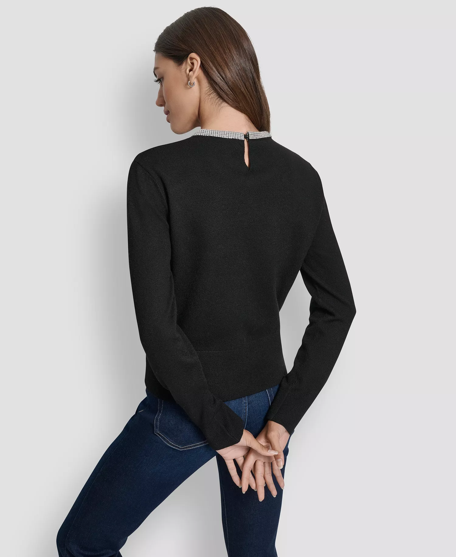 Petite Embellished Trim Sweater Top  - Black - P/XS