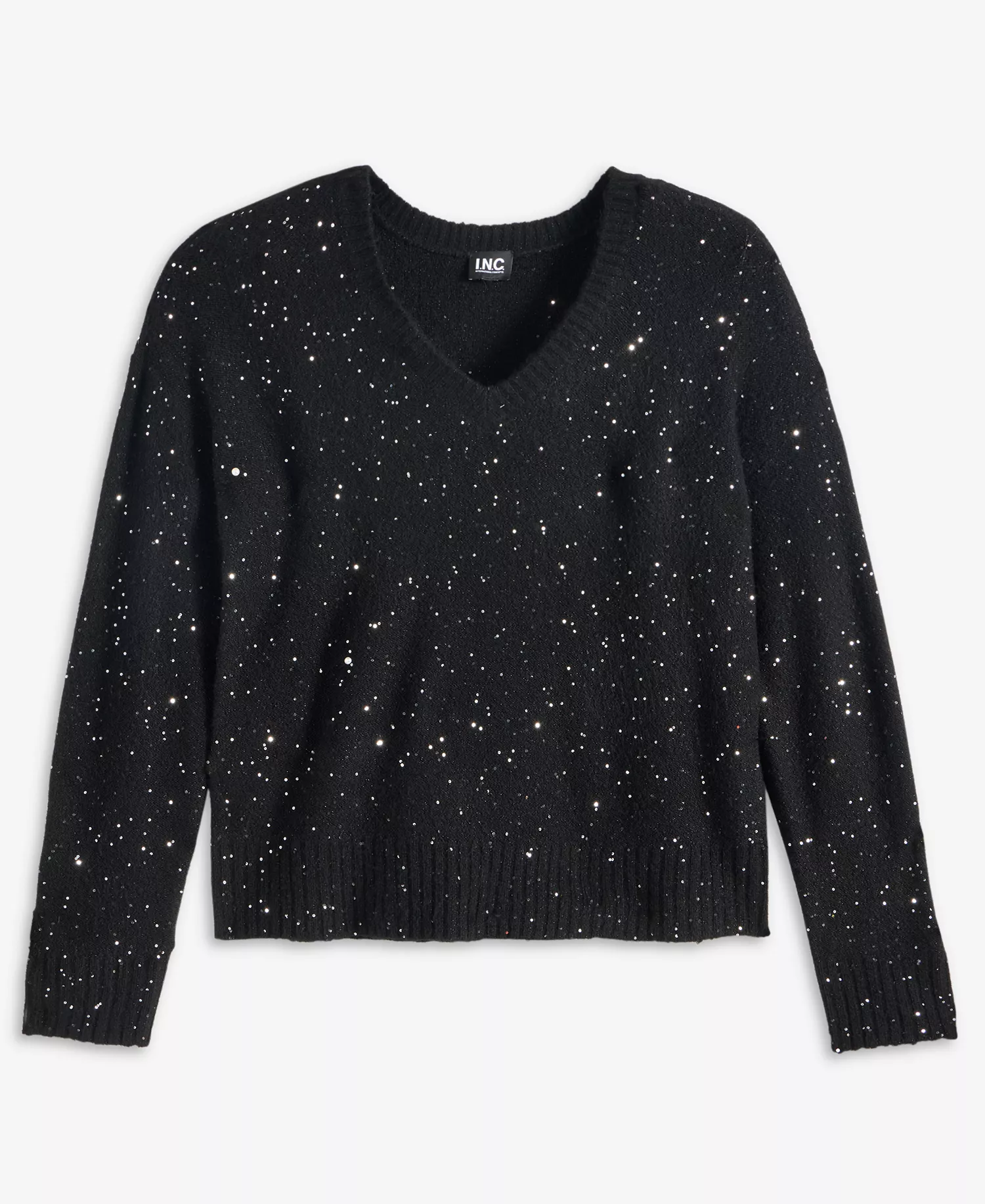Petite Roving Sequin V-Neck Sweater, Macy's Exclusive  - Deep Black - P/XL