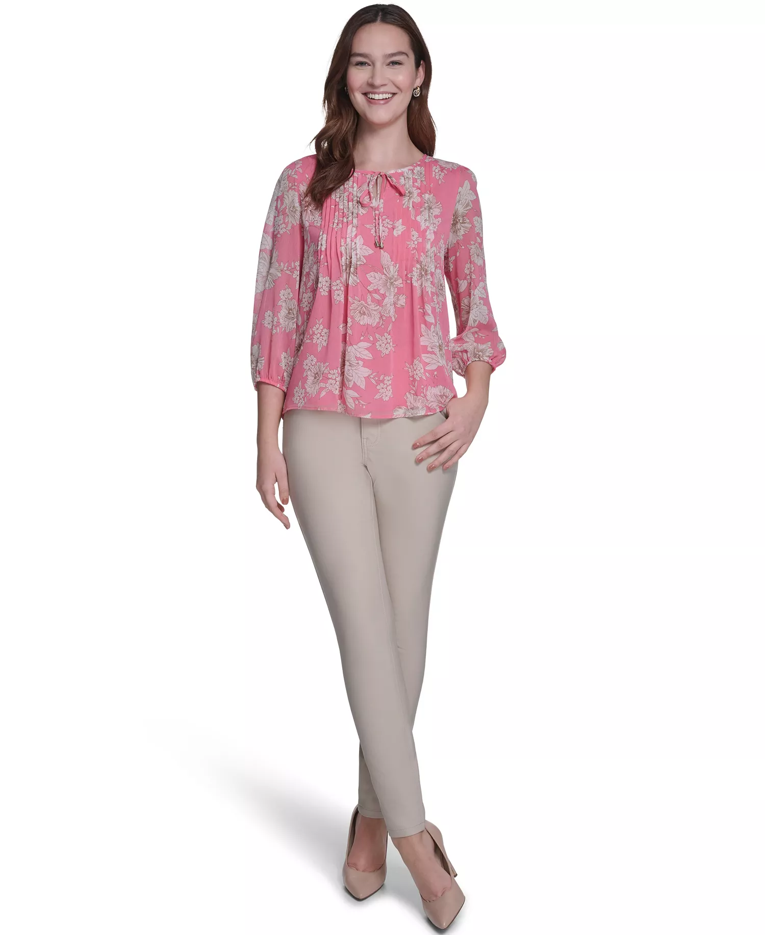 Women's Floral Pintuck V-Neck Blouse - Pink Tulip Multi - L