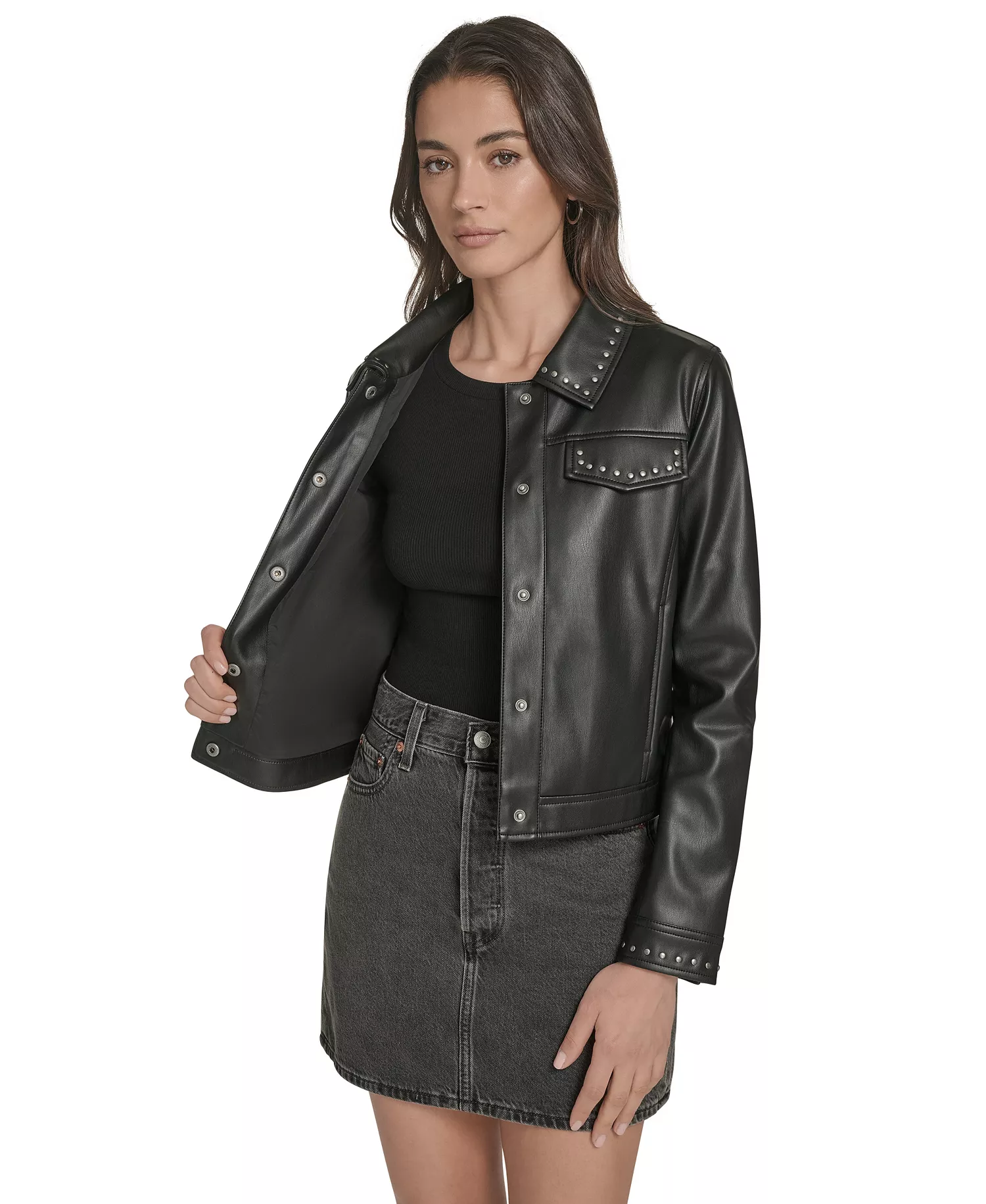 Women's Laydown Collar Studded Jacket - Beige - L