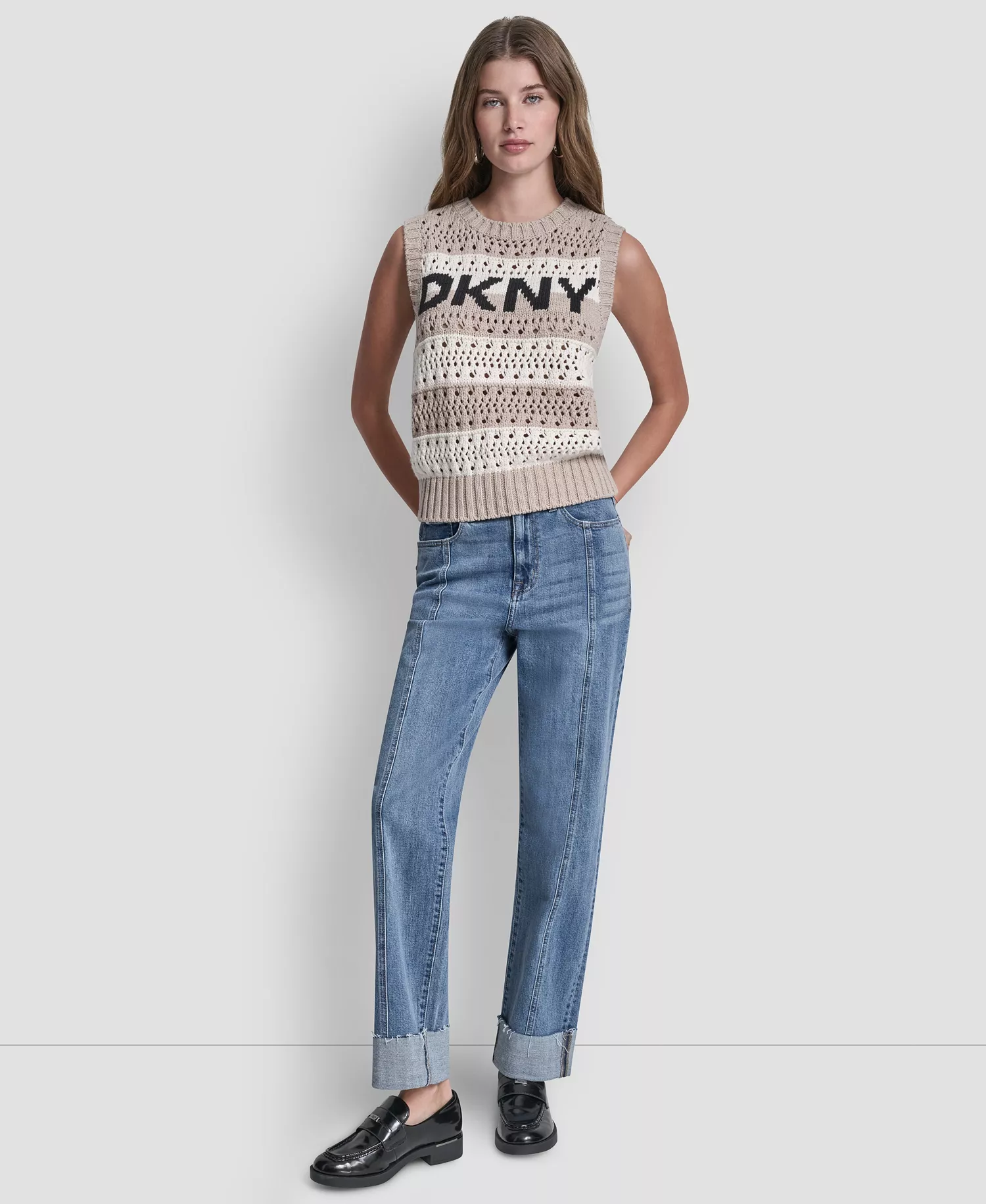 Women's Crew Neck Striped Pointelle Stitch Sweater - Pebble Ivory Black - L