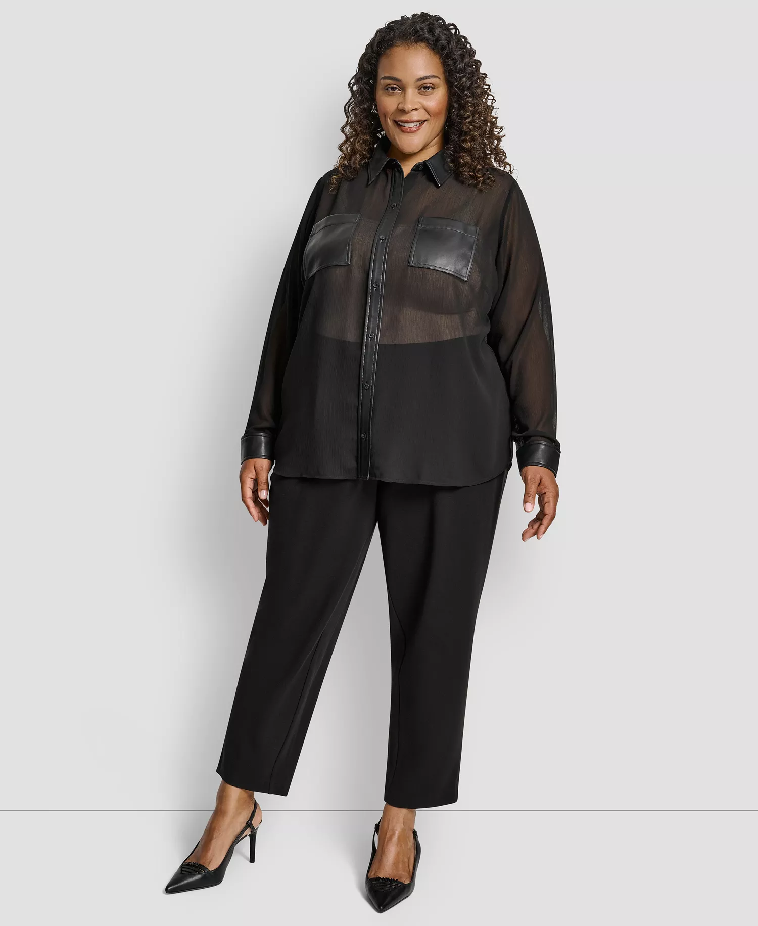 Plus Size Collared Neck Long Sleeve Top - Black - 1X