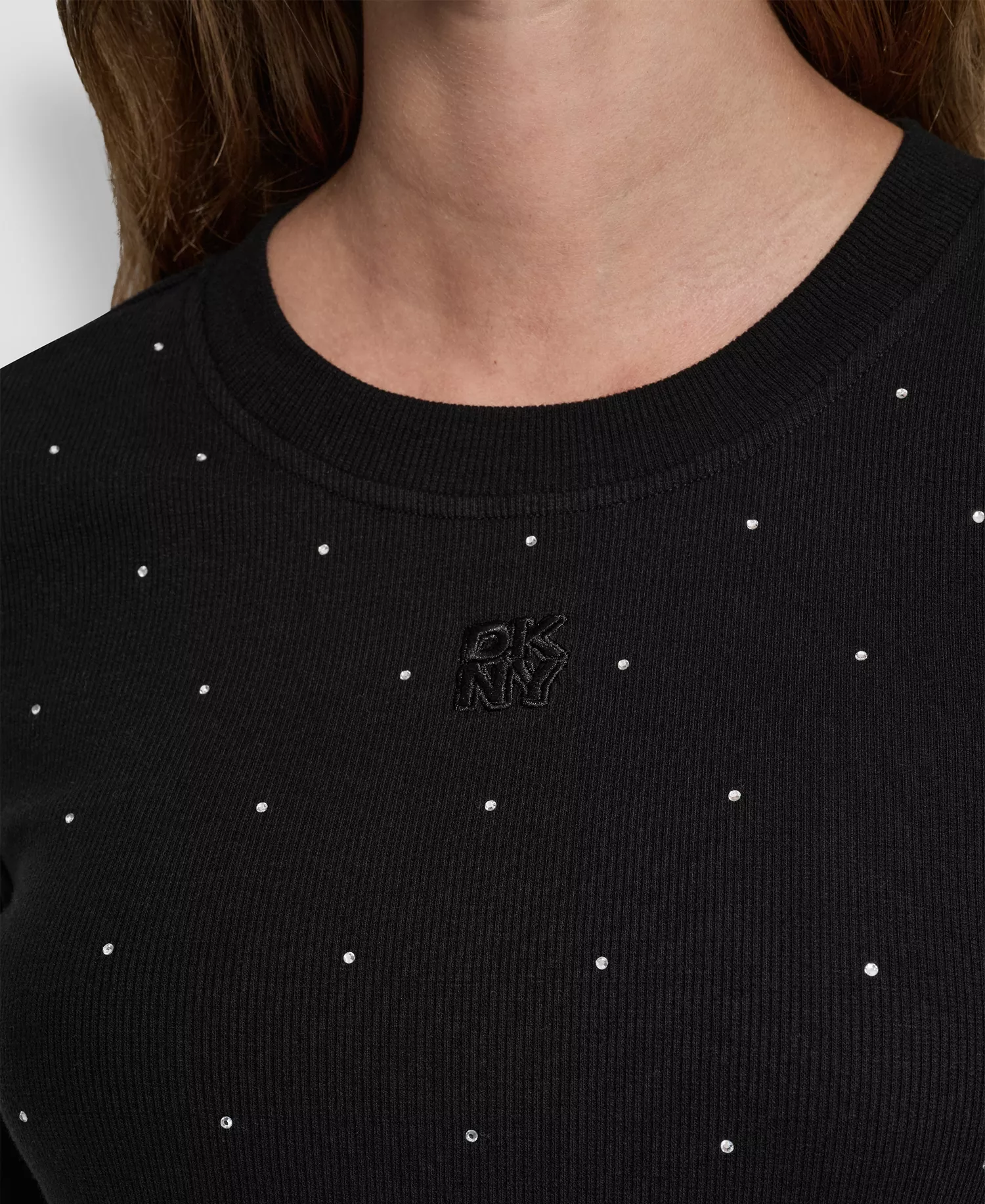 Women's Rhinestone-Embellished Crew Neck Sweater - Black - XS