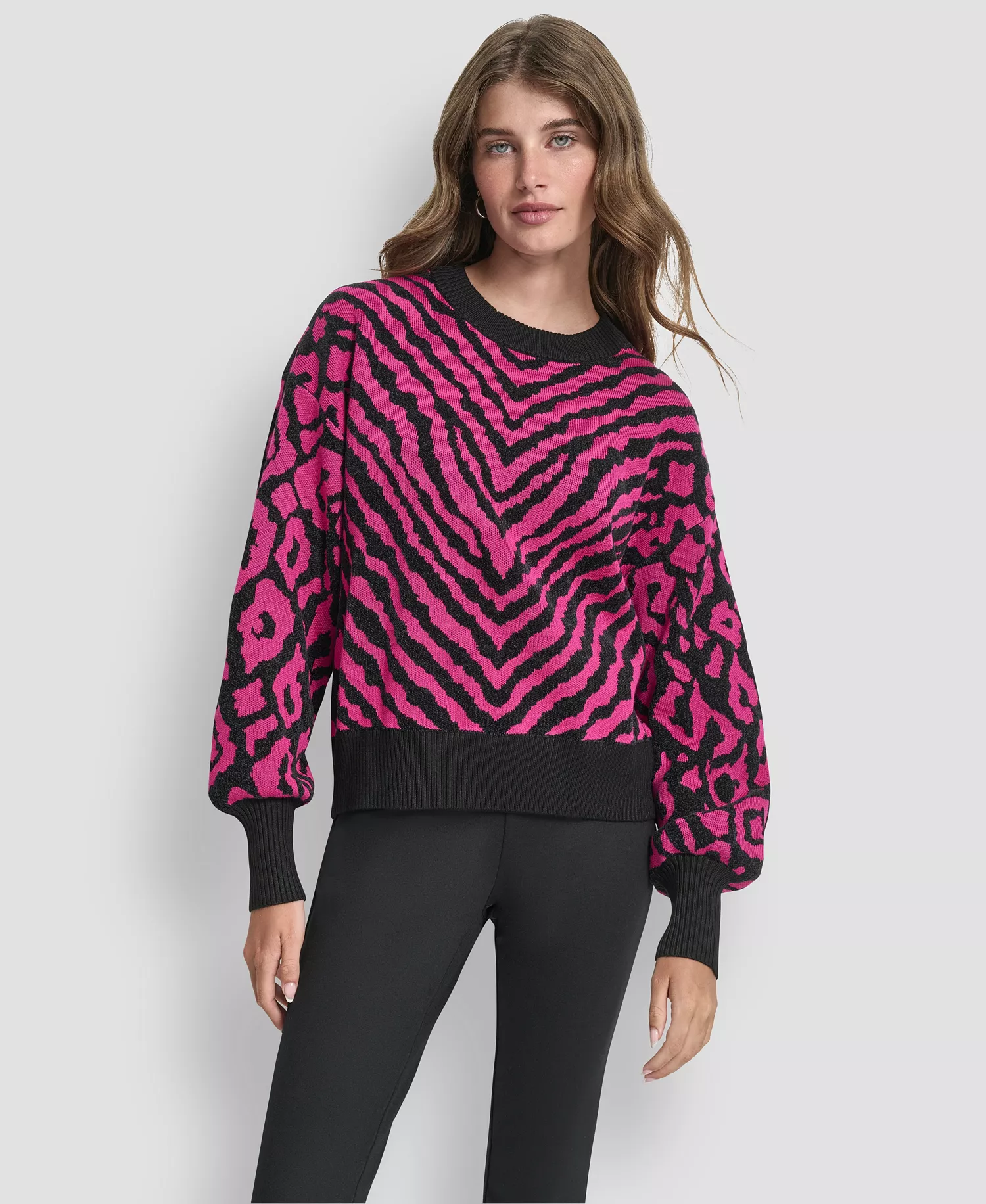 Women's Long-Sleeve Animal-Flocked Sweater - Fuchsia/black - L