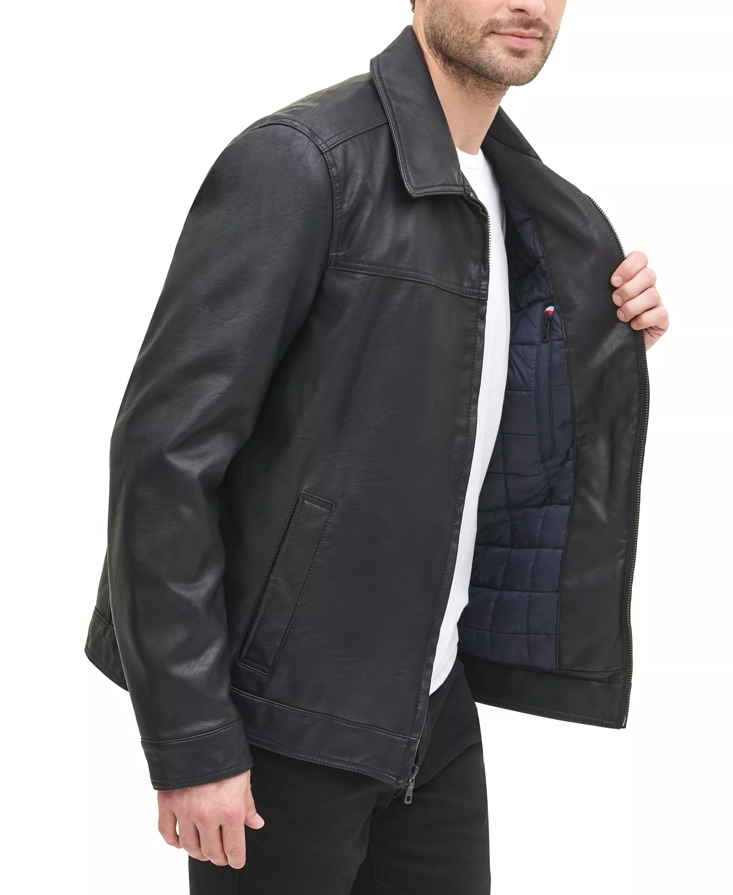 Men's Faux Leather Laydown Collar Jacket - Black - L