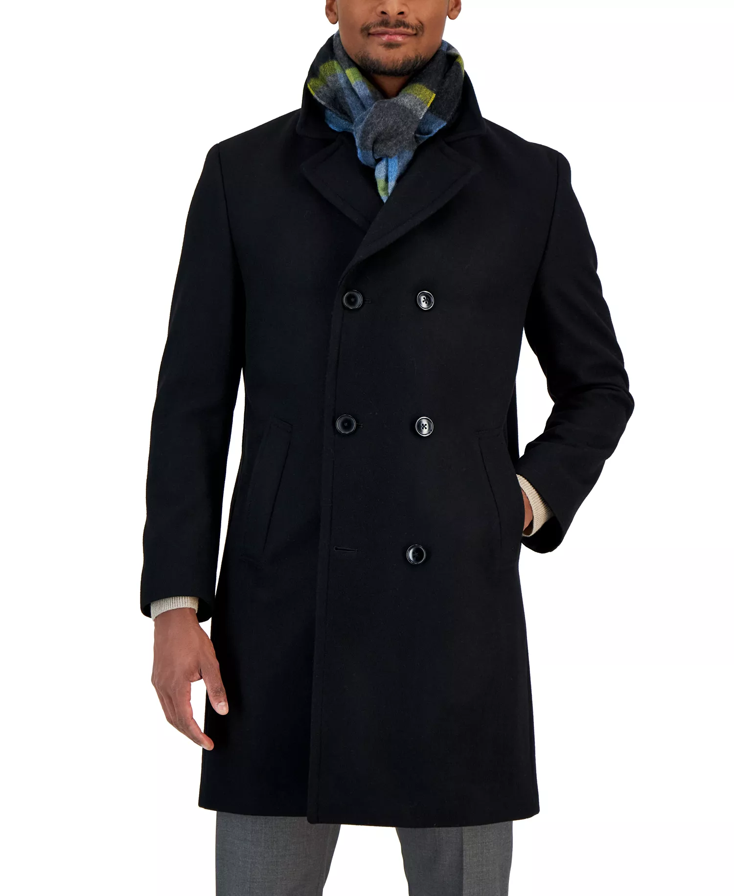 Men's Classic-Fit Double Breasted Wool Overcoat - Black - 40R