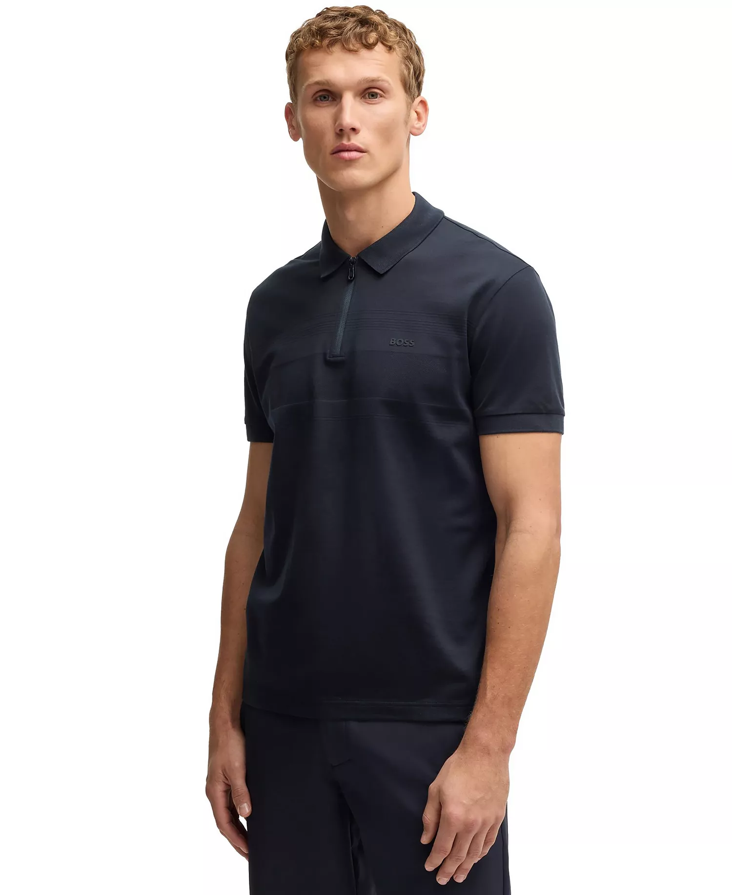Men's Zip Neck Structured-Cotton Polo Shirt - Dark Blue - 2XL