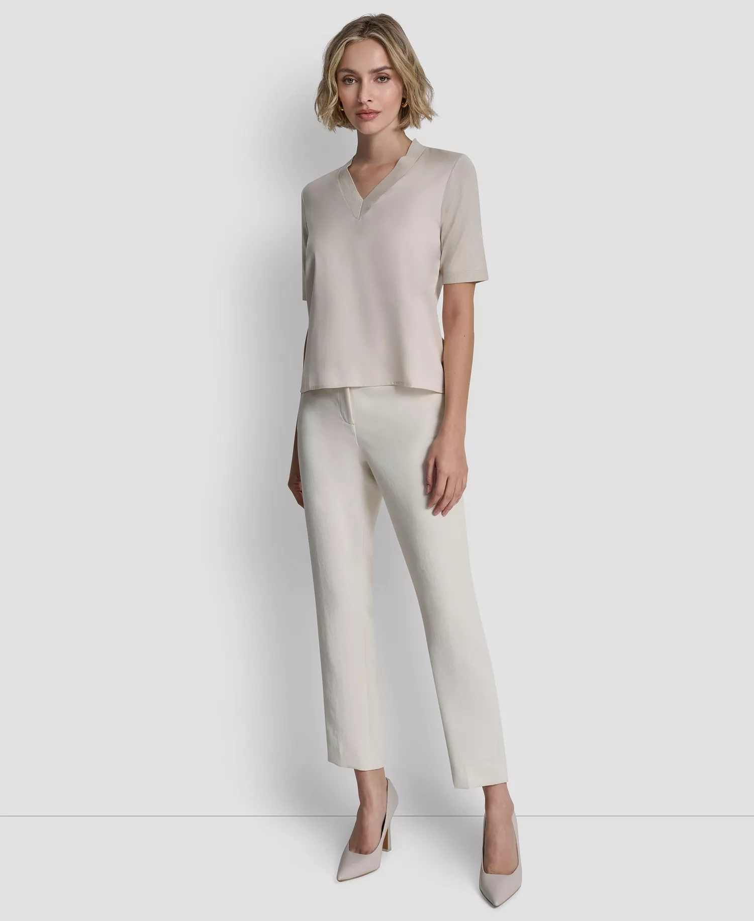 Women's V-Neck Short-Sleeve Sweater - Ecru - L