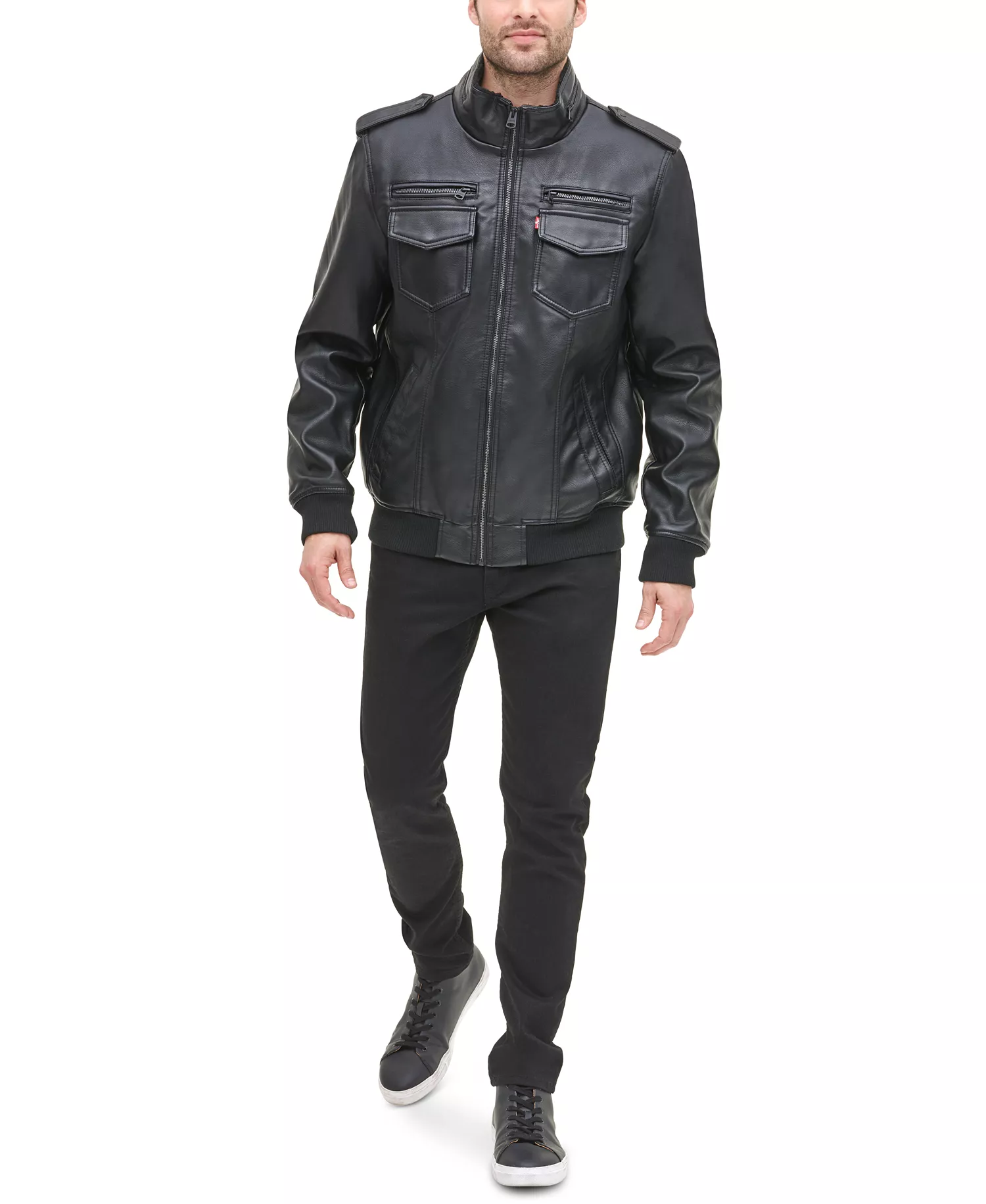 Men's Sherpa Lined Faux Leather Aviator Bomber - Black - 2XL