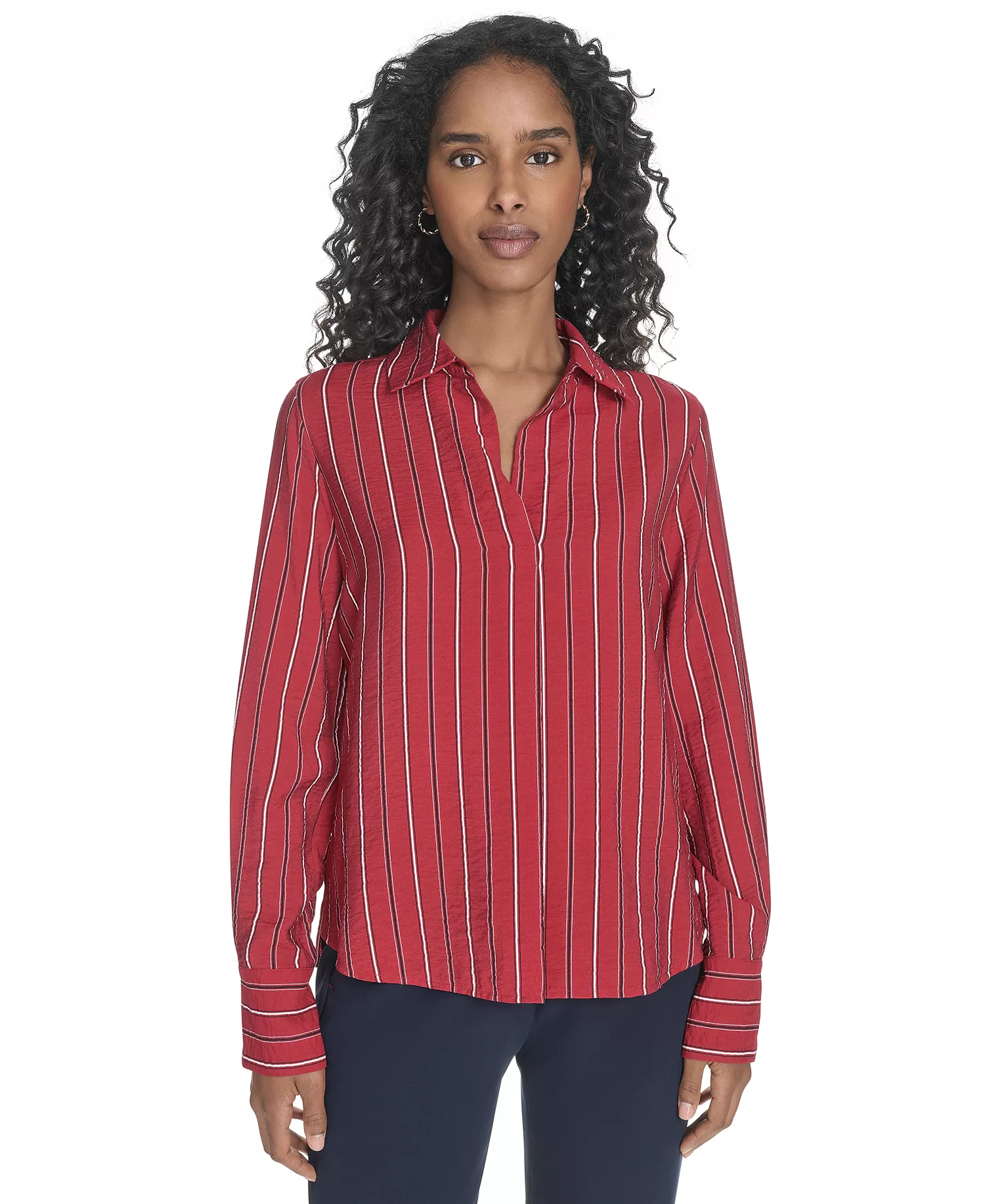 Women's Striped Long-Sleeve Popover Top - Crimson Multi - L