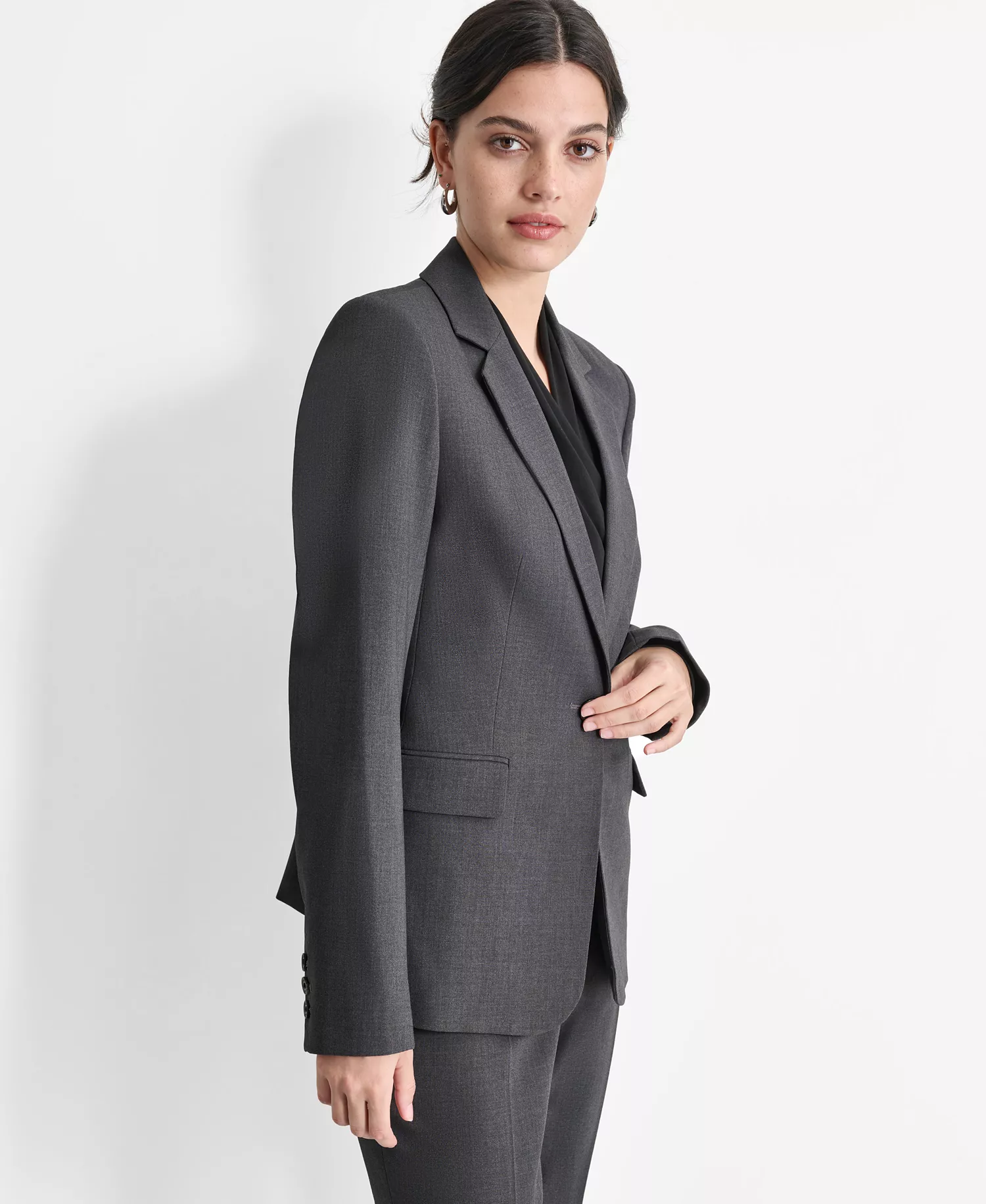 Women’s Notch-Lapel Button-Front Long-Sleeve Jacket  - Charcoal - 10