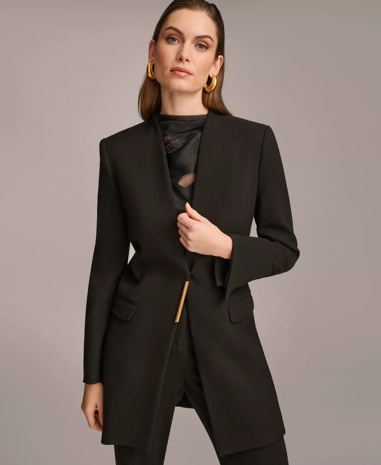 Collarless Topper Jacket & Straight-Leg Pant Suit Separates - Black - 0