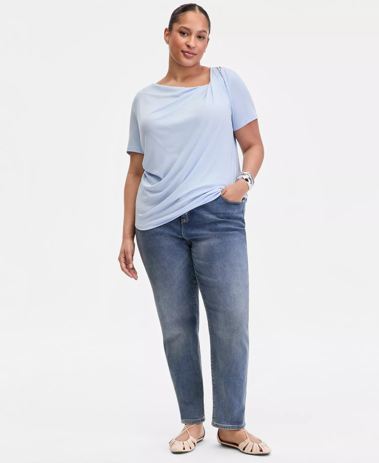 Plus Size Asymmetric Neck Short-Sleeve Top, Macy's Exclusive  - Bliss Blue - 0X