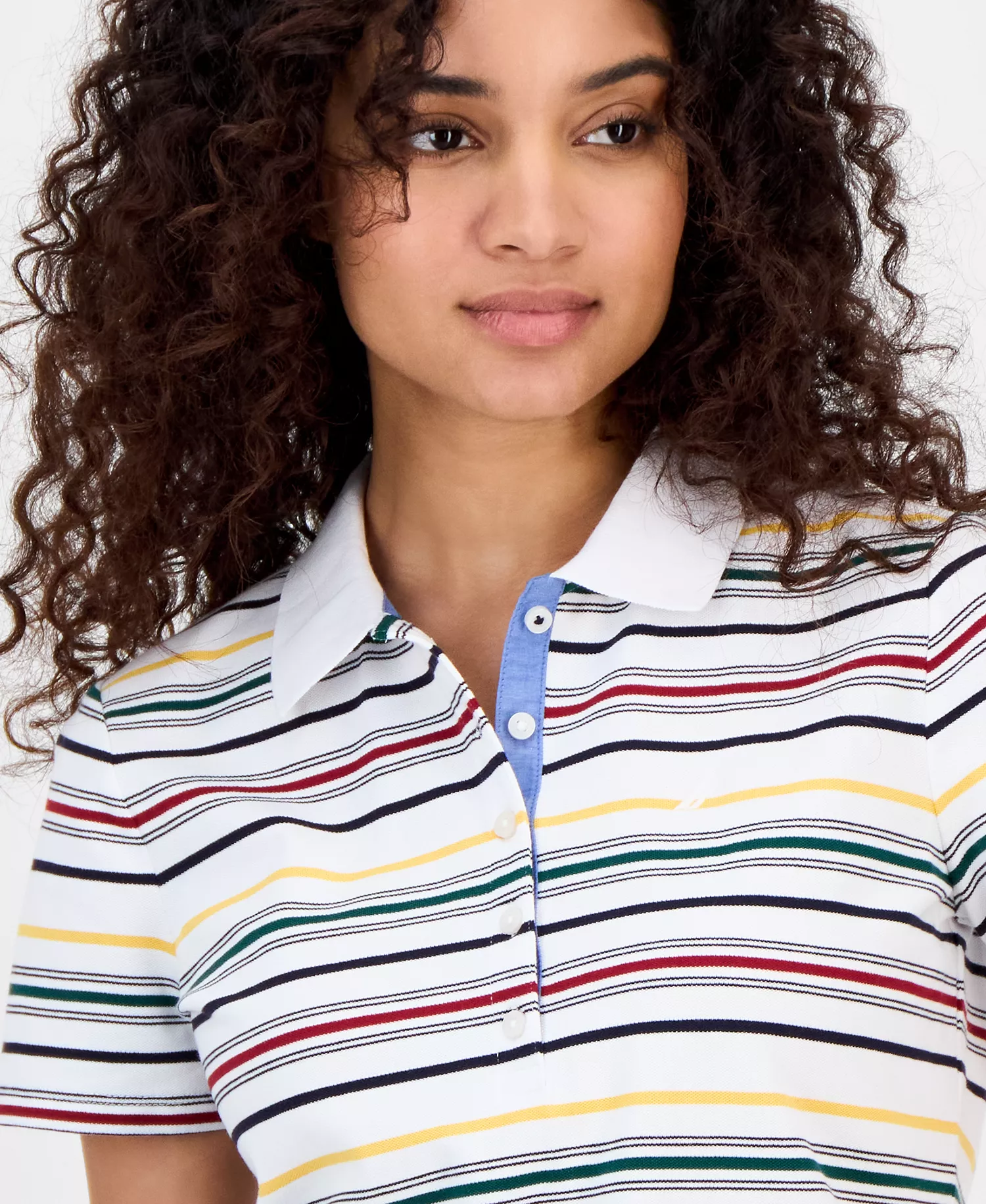 Nautica Women's Striped Short-Sleeve Polo Shirt - Bright White Multi - L