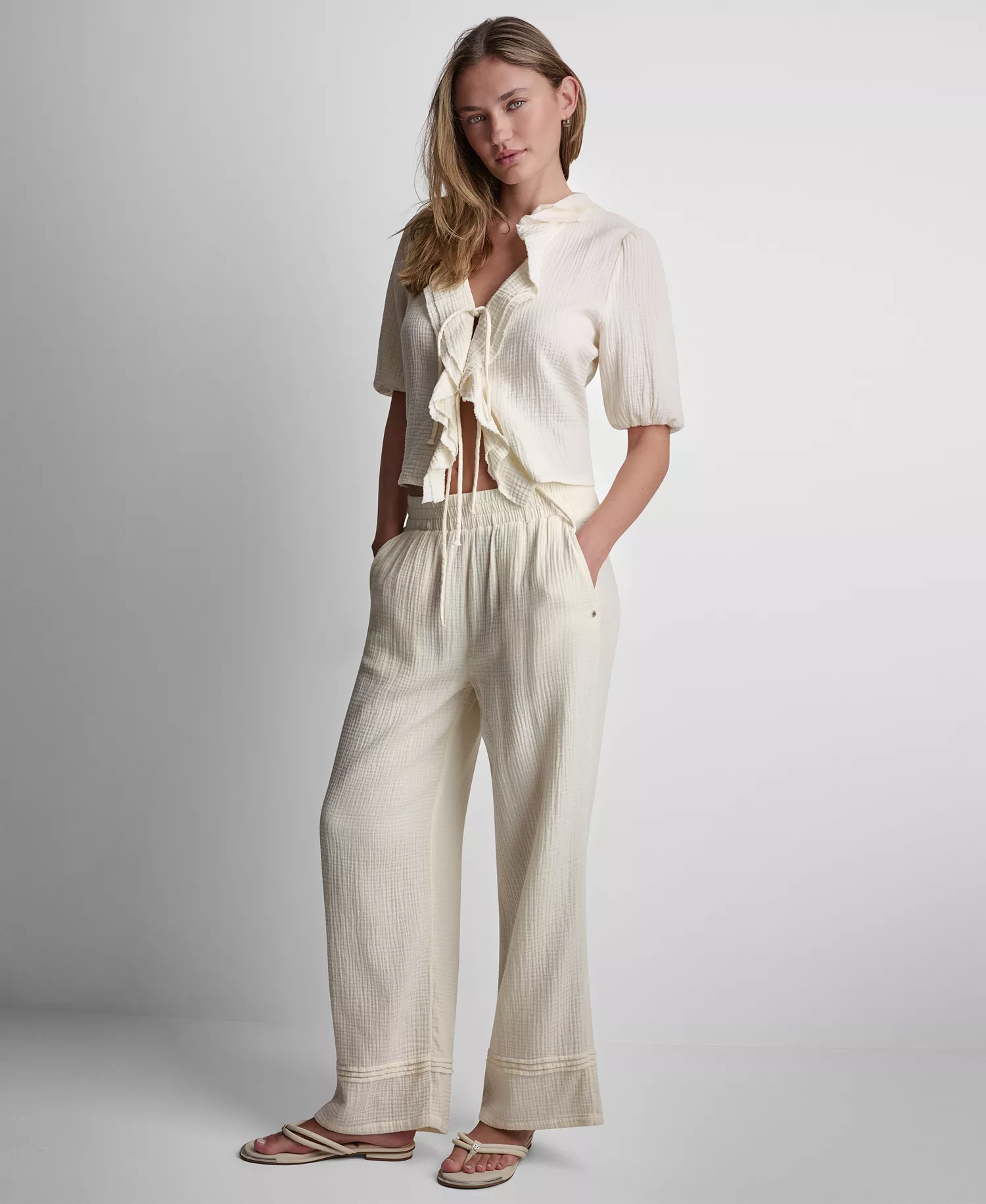 Petite Smocked Encased Elastic Waistband Ankle Length Pants - Eggnog - PL