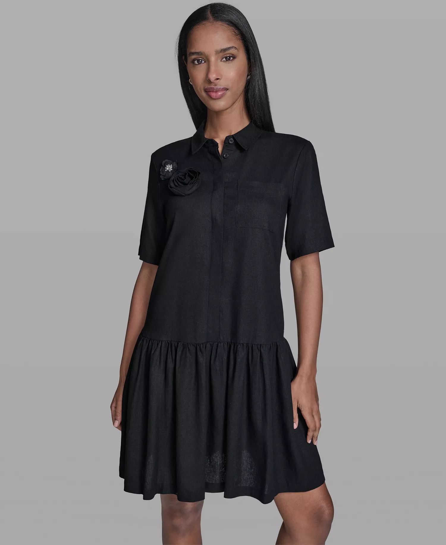 Women's Drop Waist Collared Shirt Dress - Black - 0