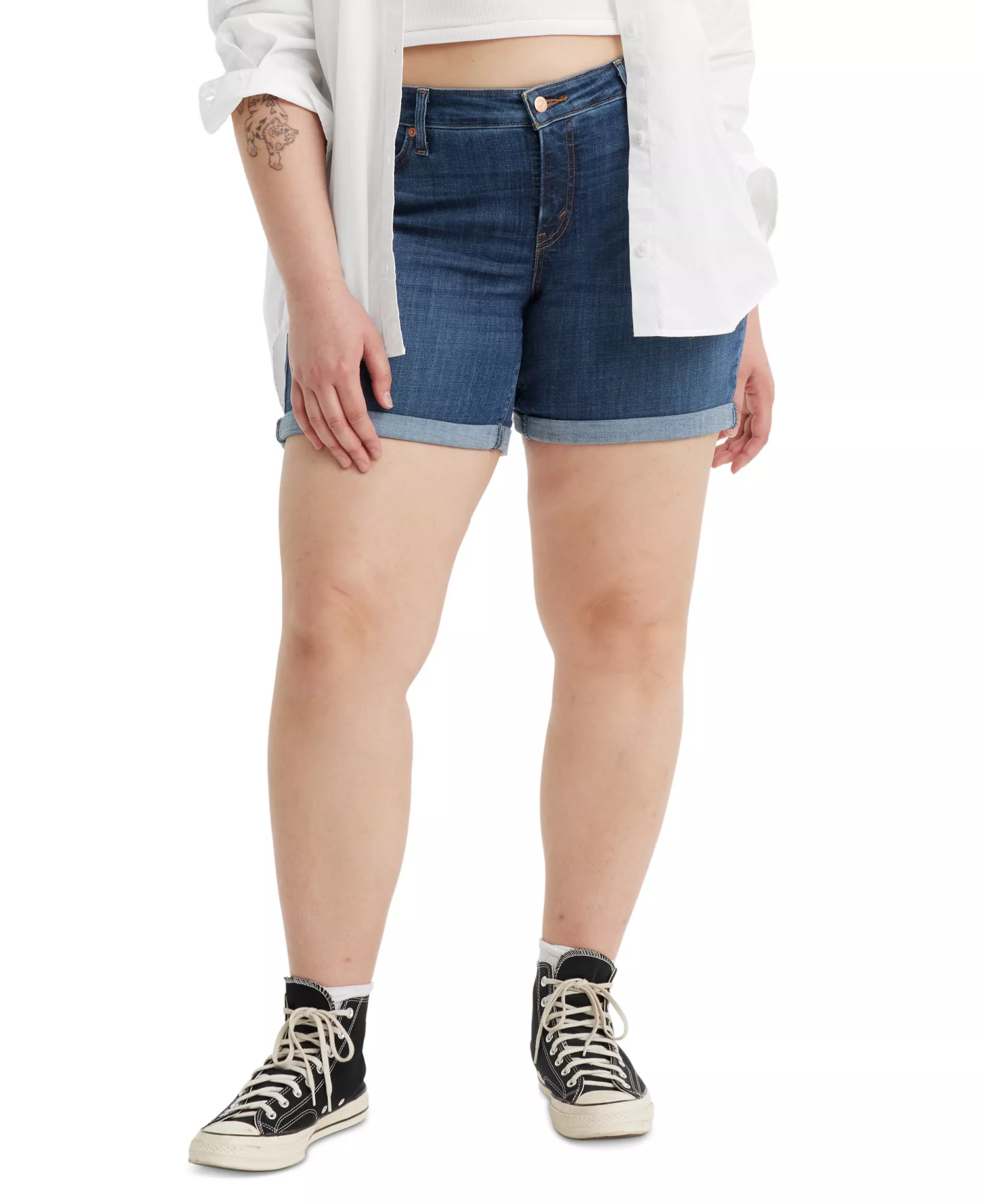 Trendy Plus Size Mid-Length Stretch Denim Shorts - Stop The Confusion - 14W
