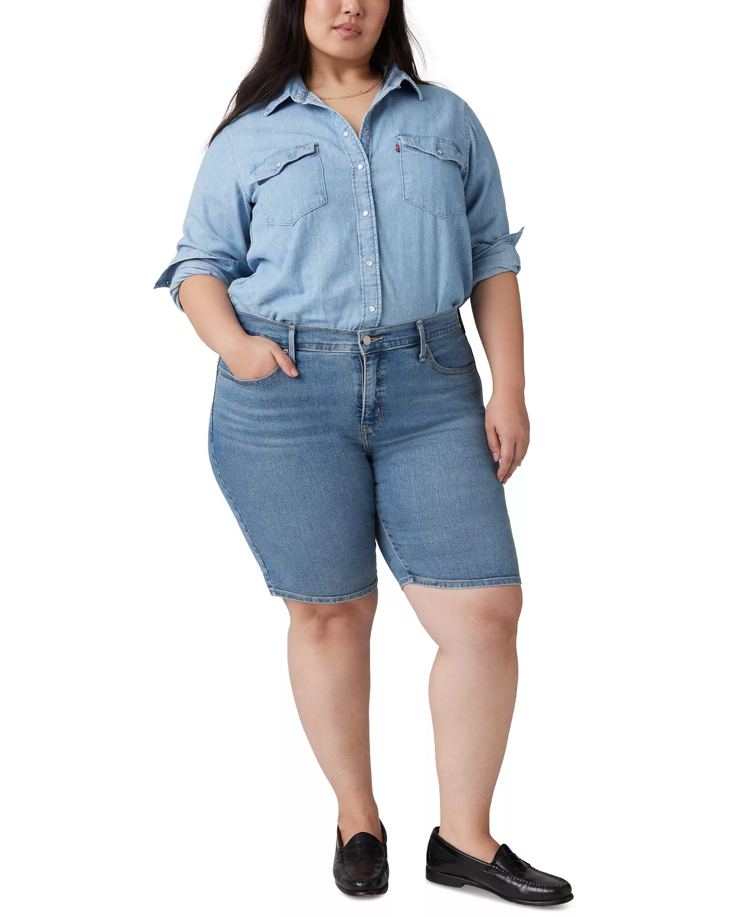 Plus Size Mid-Rise Shaping Bermuda Shorts - Camp Denim - 16W