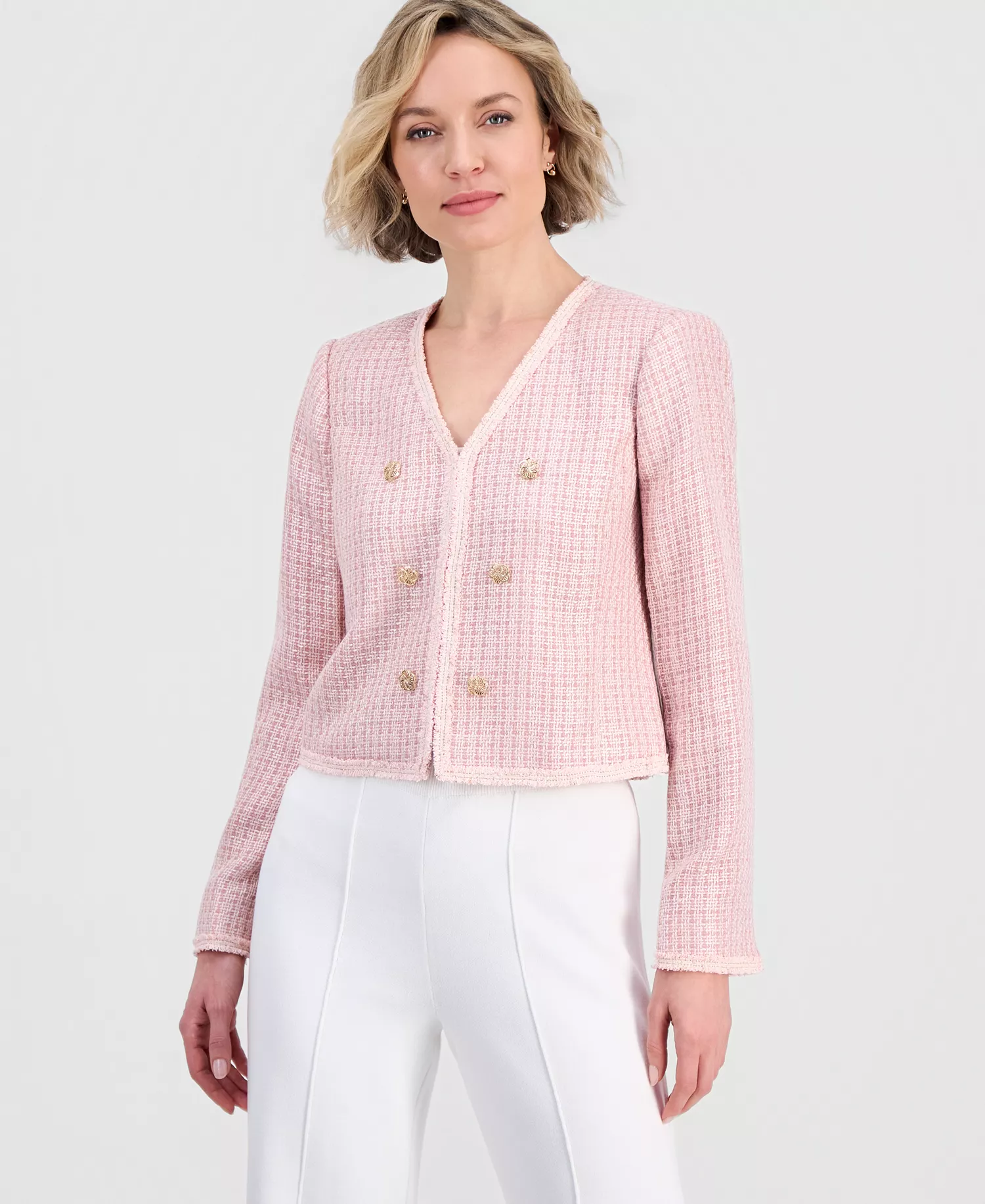 Women's V-Neck Boucle-Knit Jacket  - Slipper Pink - 10