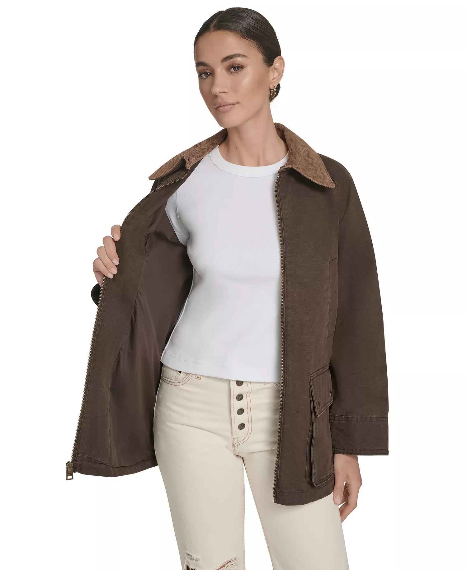 Women's Front Zipper Barn Jacket - Chocolate Brown - L