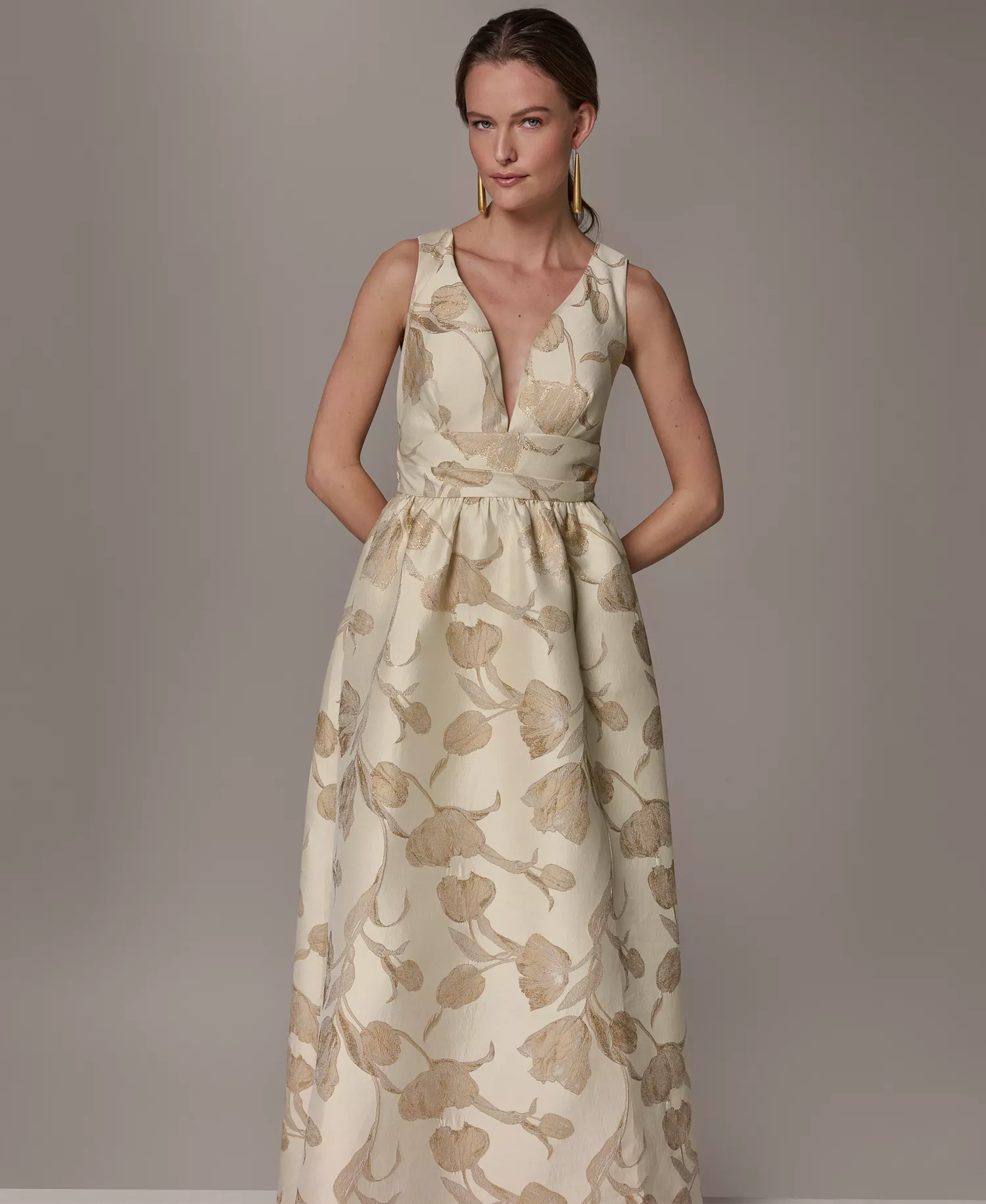 Women's V-Neck Ball Gown - GOLD MULTI - 10