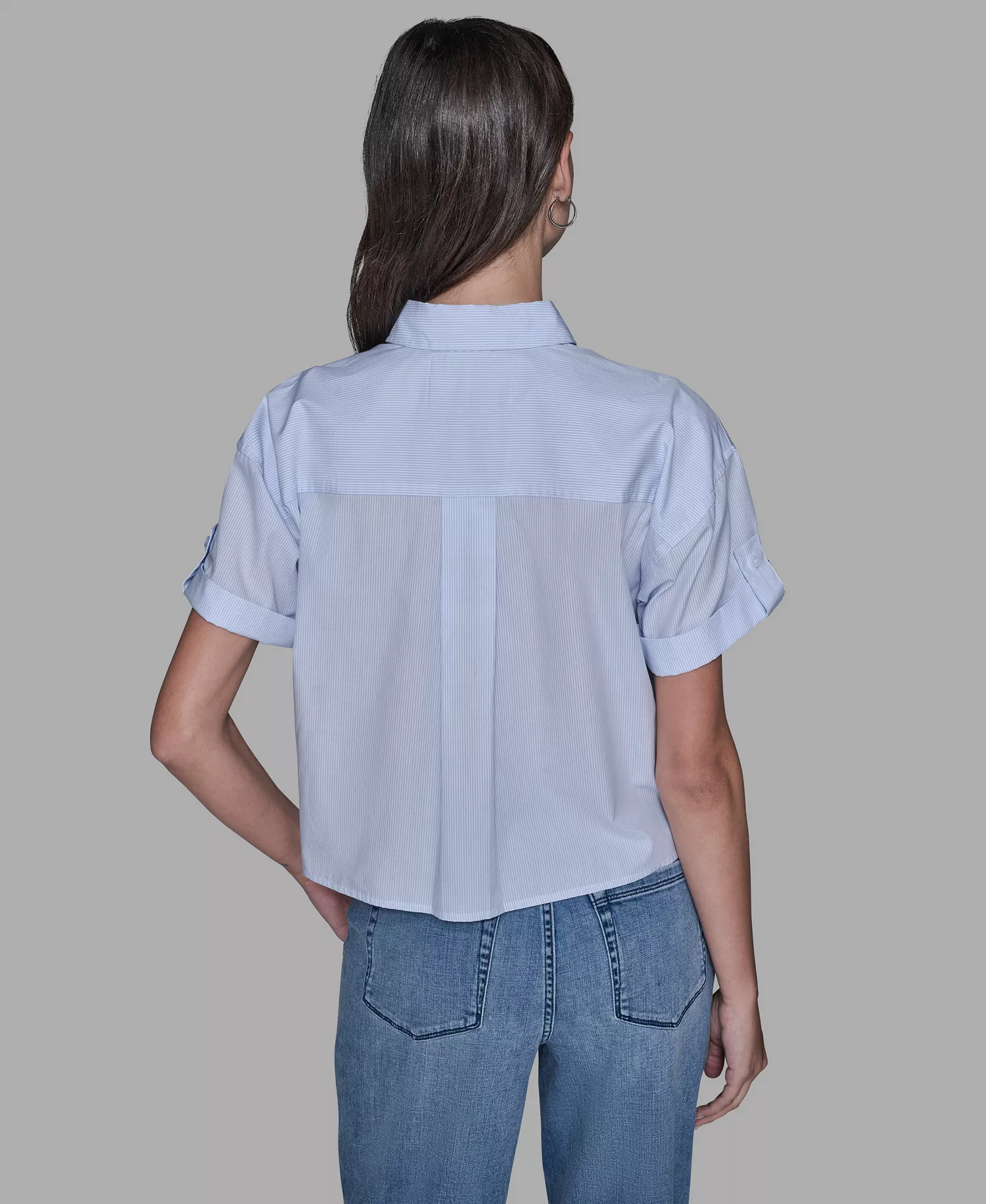 Women's Short-Sleeve Striped Floral Poplin Blouse - Blue Aura/soft White - L