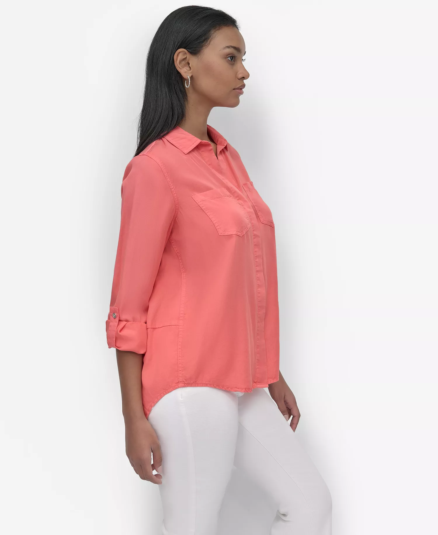 Women's Roll-Tab-Sleeve Button-Front Shirt - Coral Crush - L