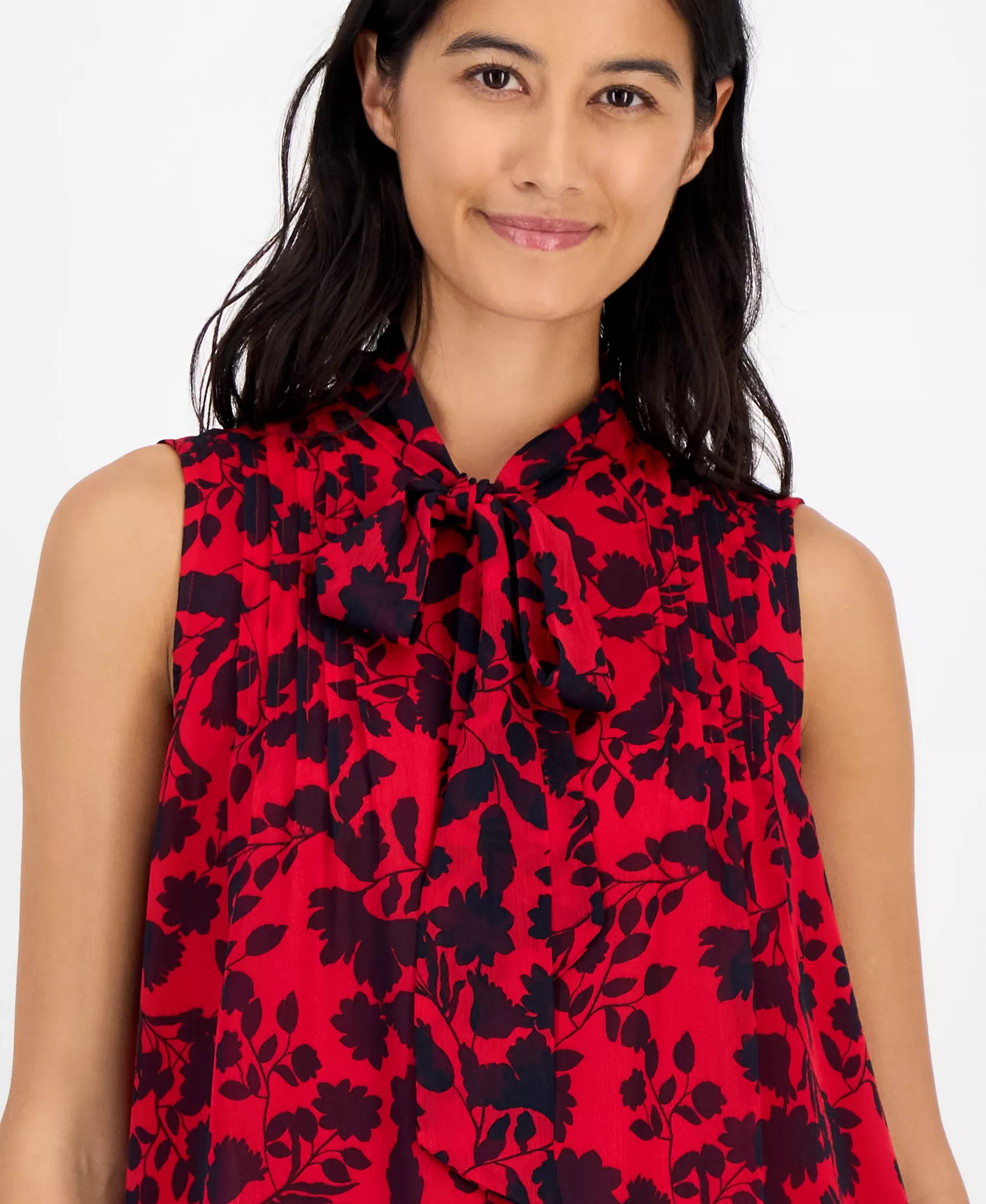 Women's Floral-Print Pleated Top - Scarlet/ Sky Captain - S