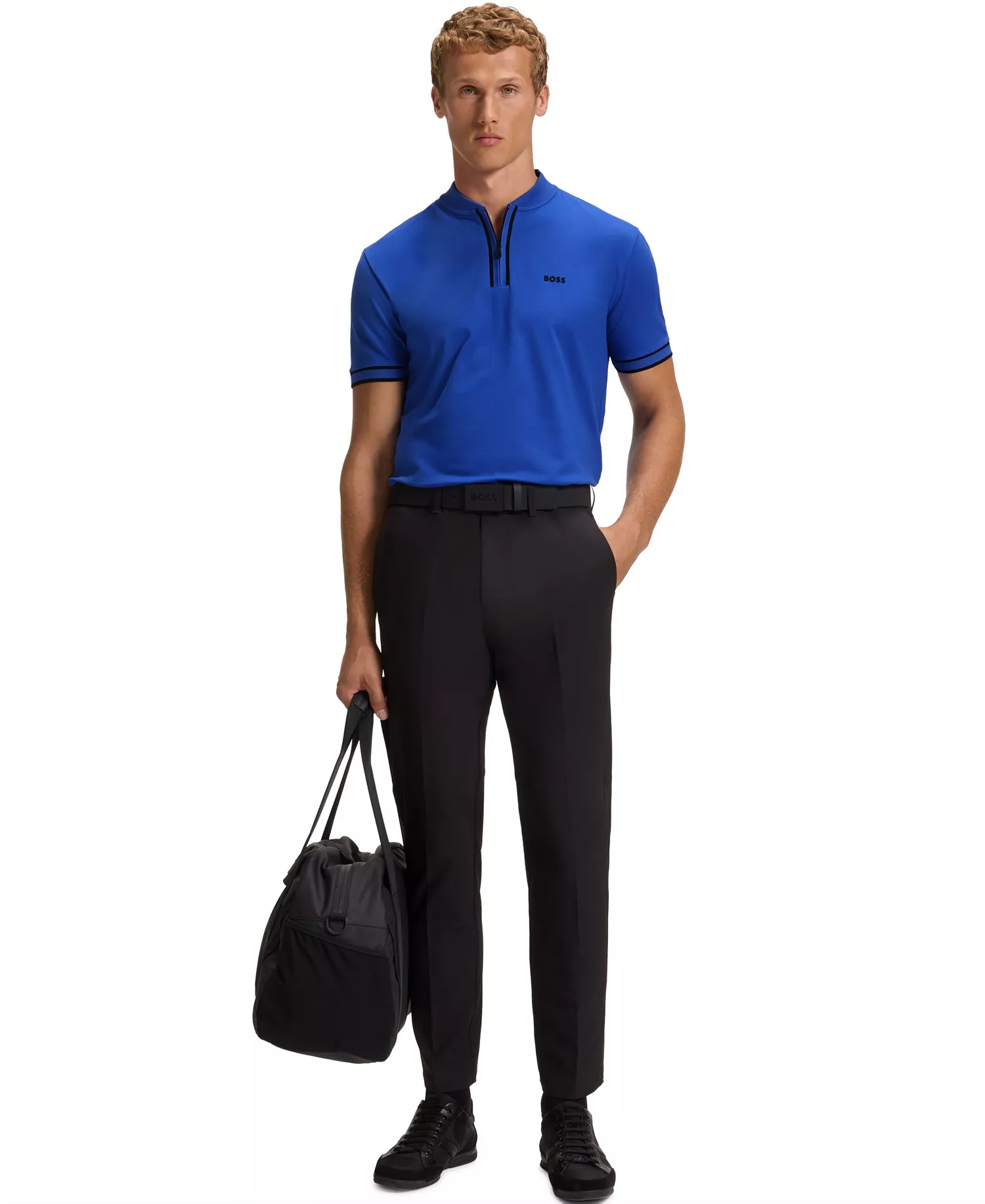 Men's Cotton-Pique Zip-Neck Polo - Blue - M