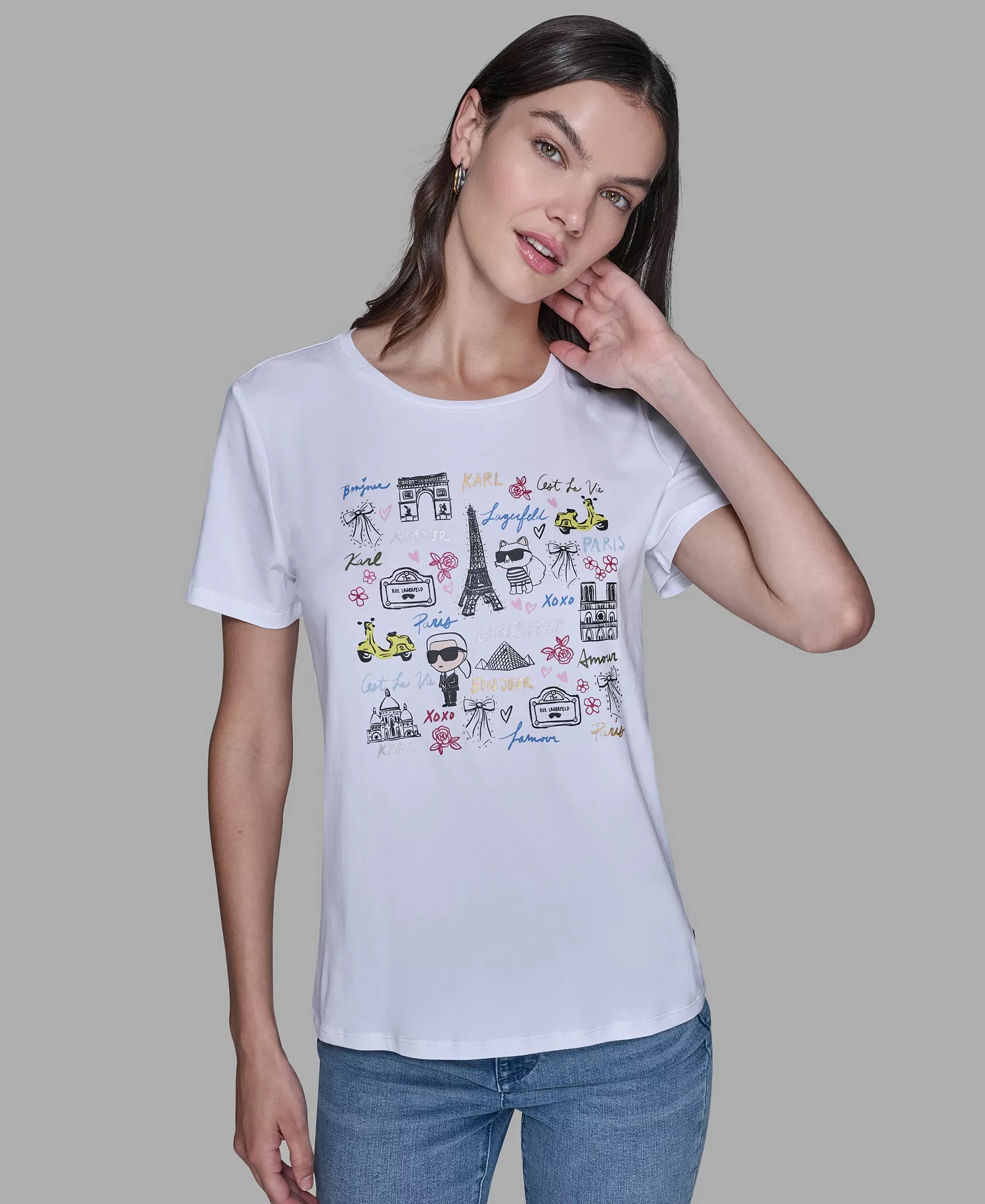 Women's Mixed Motif Printed T-Shirt - White - L