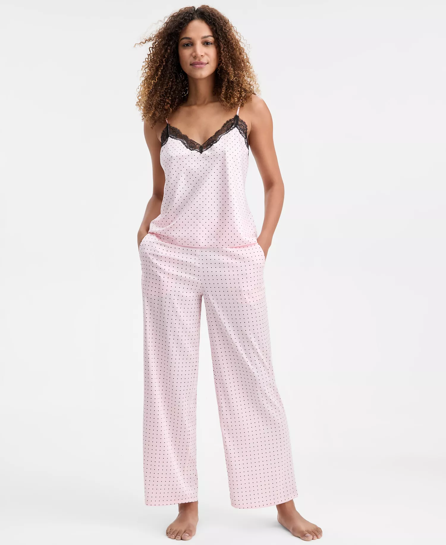 Women's Stretch Satin Lace-Trim Top & Pajama Pants Set, Created for Macy's - Camila Polka Dot - 2XL