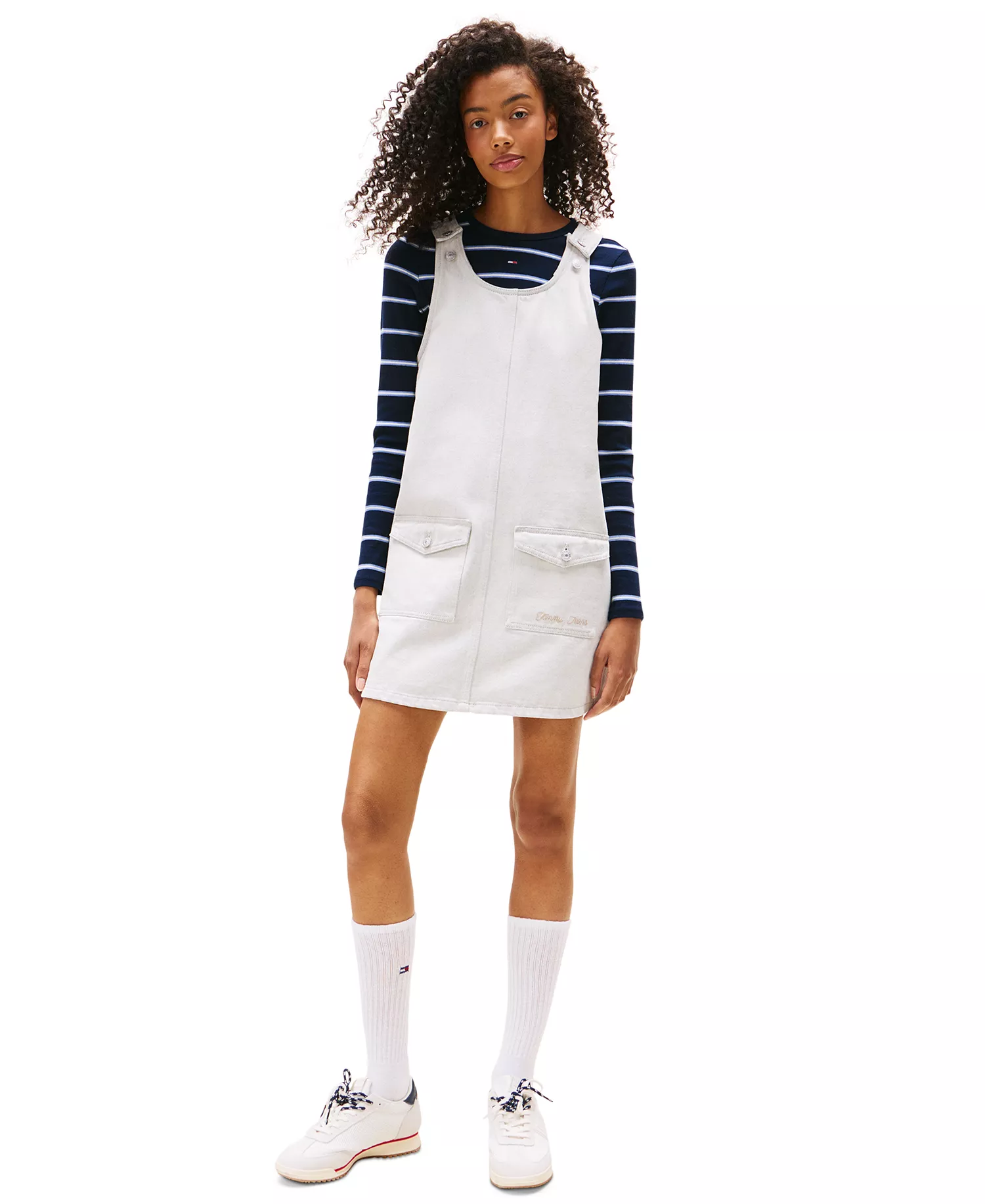 Women's Scoop-Neck Sleeveless Pinafore Dress  - Denim White 01 - L