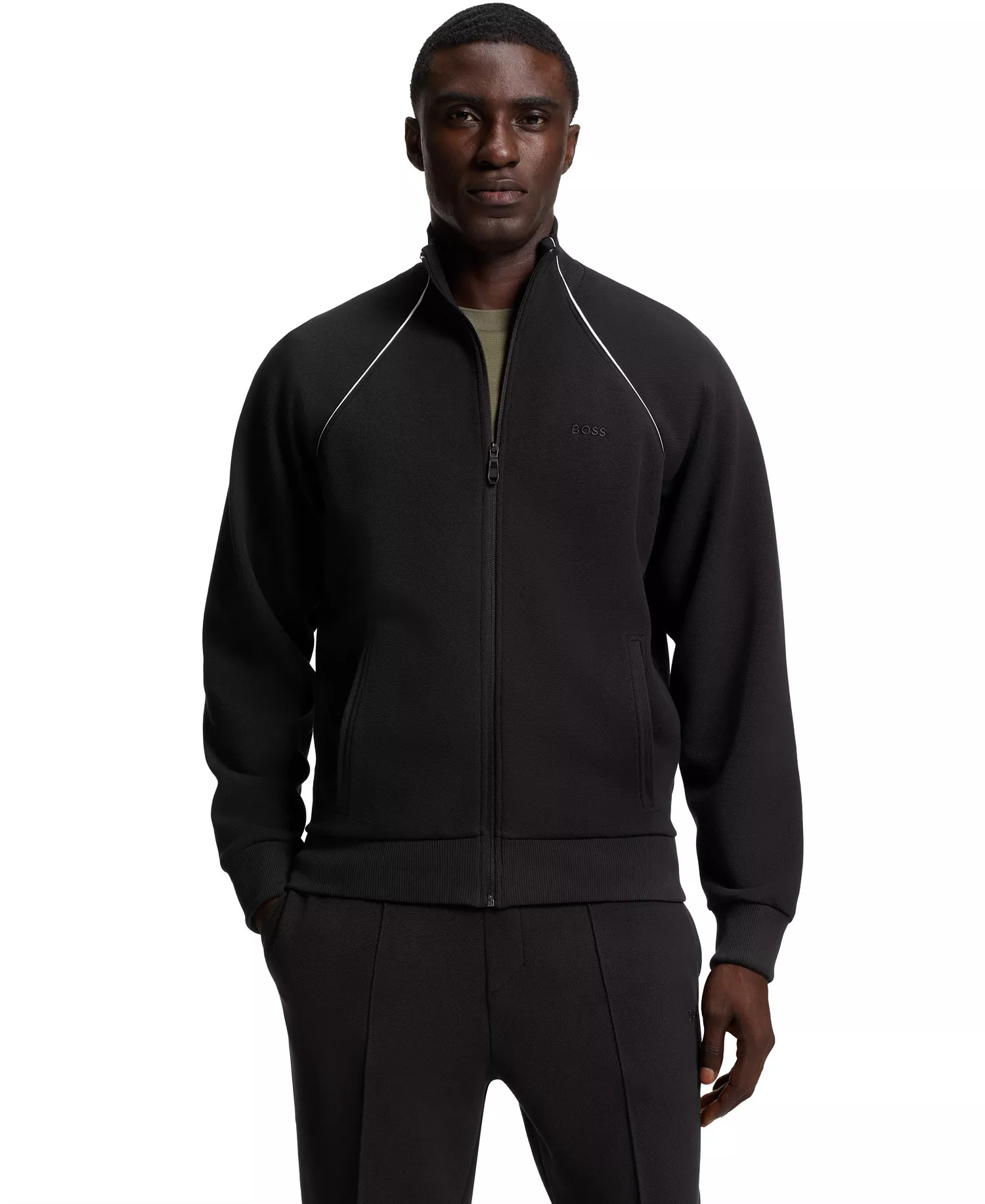 Men's Contrast Piping Cotton-Blend Sweatshirt - Black - L