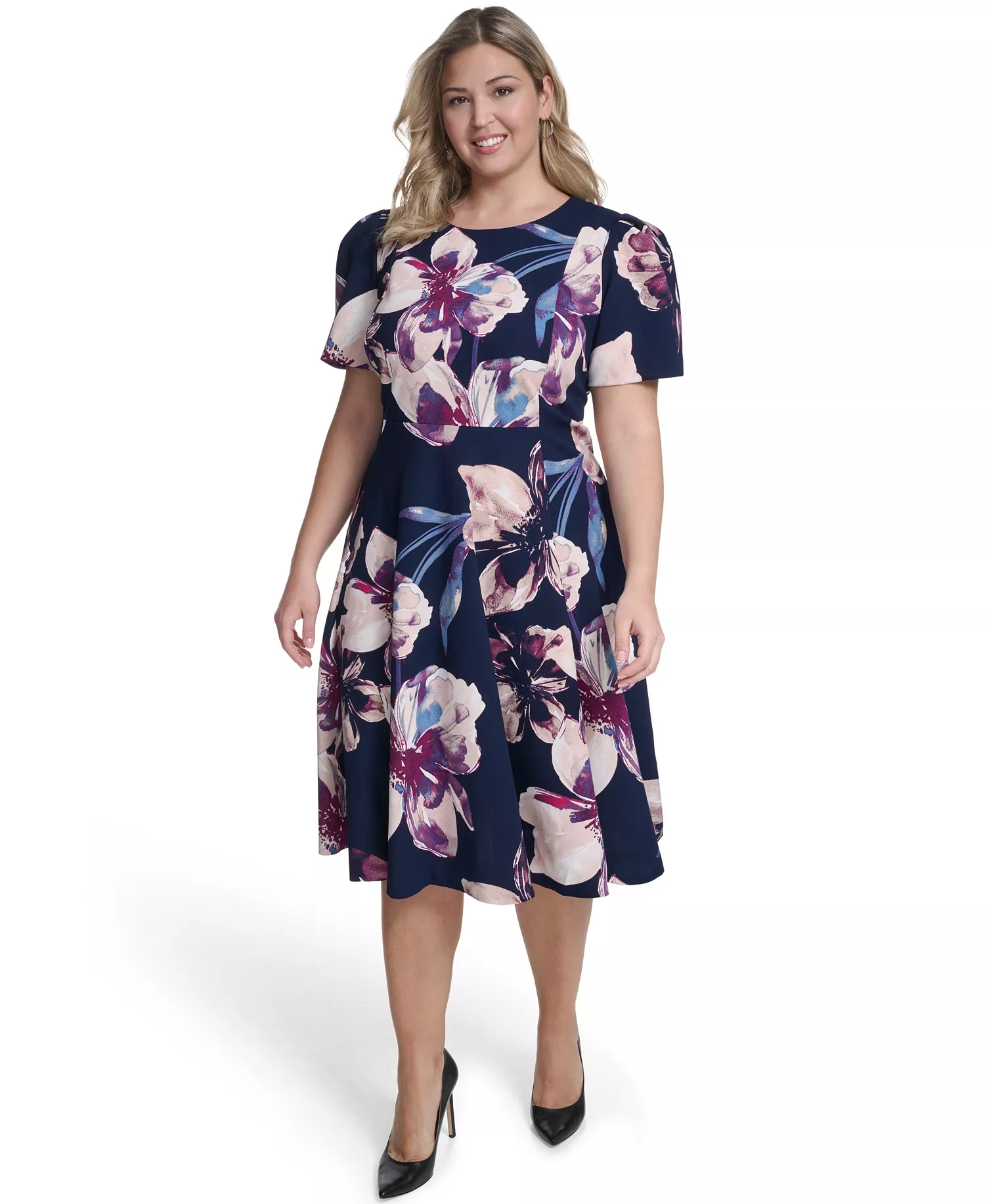 Plus Size Short-Sleeve Fit & Flare Midi Dress - Indigo Multi - 14W