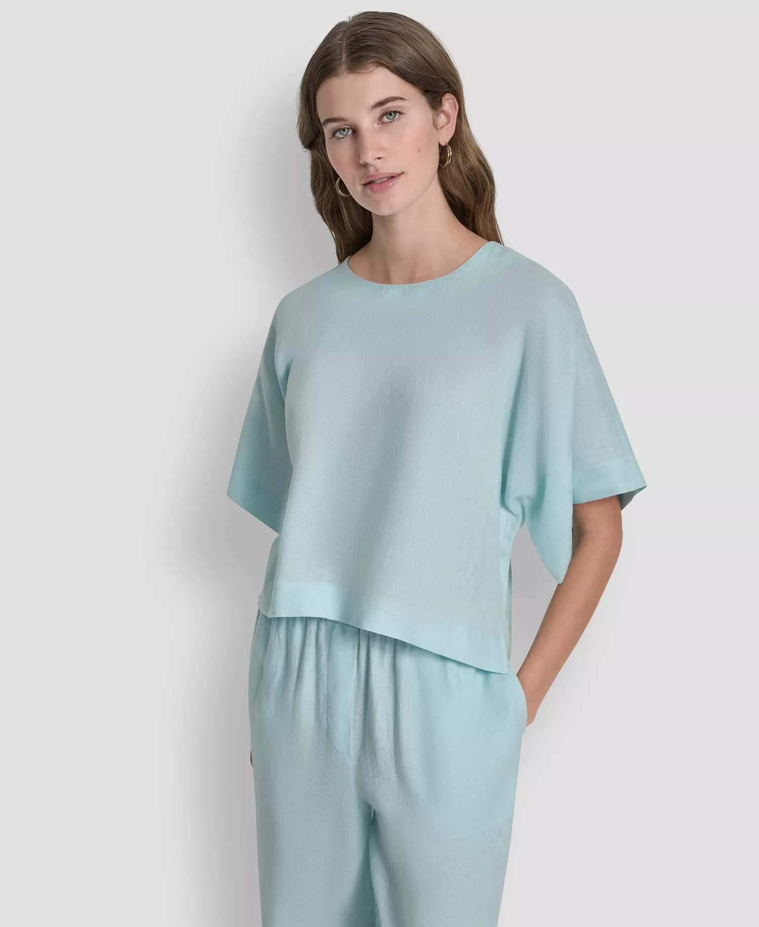 Women's Linen Drop Shoulder Short-Sleeve Top - Aqua - L