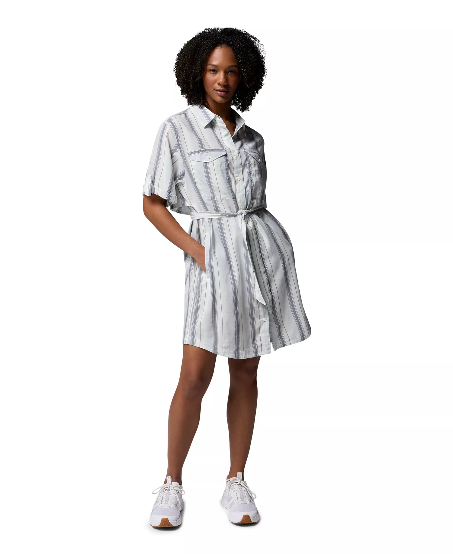 Women’s Striped Short-Sleeve Shirt Dress - Cirrus Grey, Lowtide Stripe - L