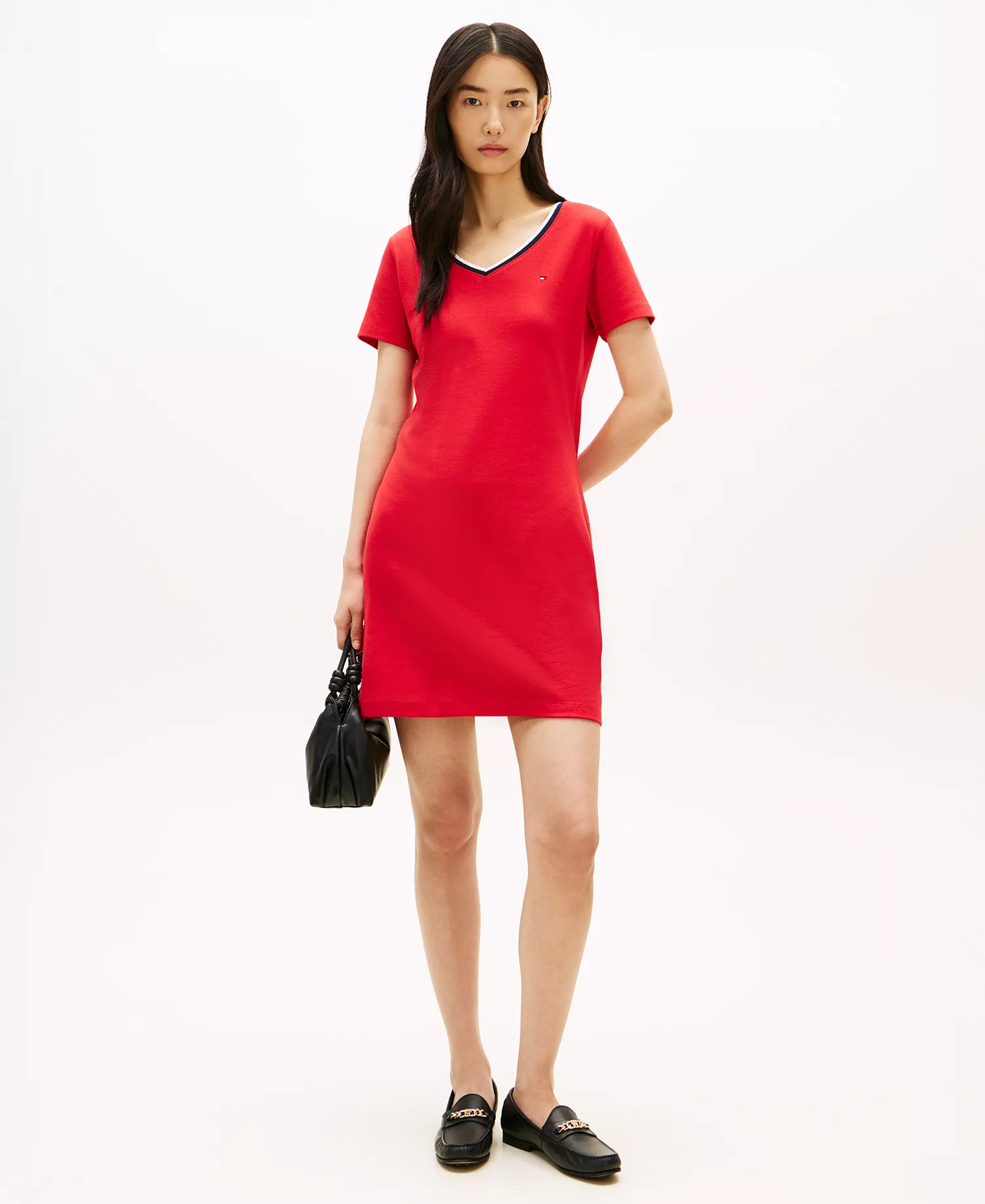 Women's Ribbed V-Neck T-Shirt Dress - Primary Red - L
