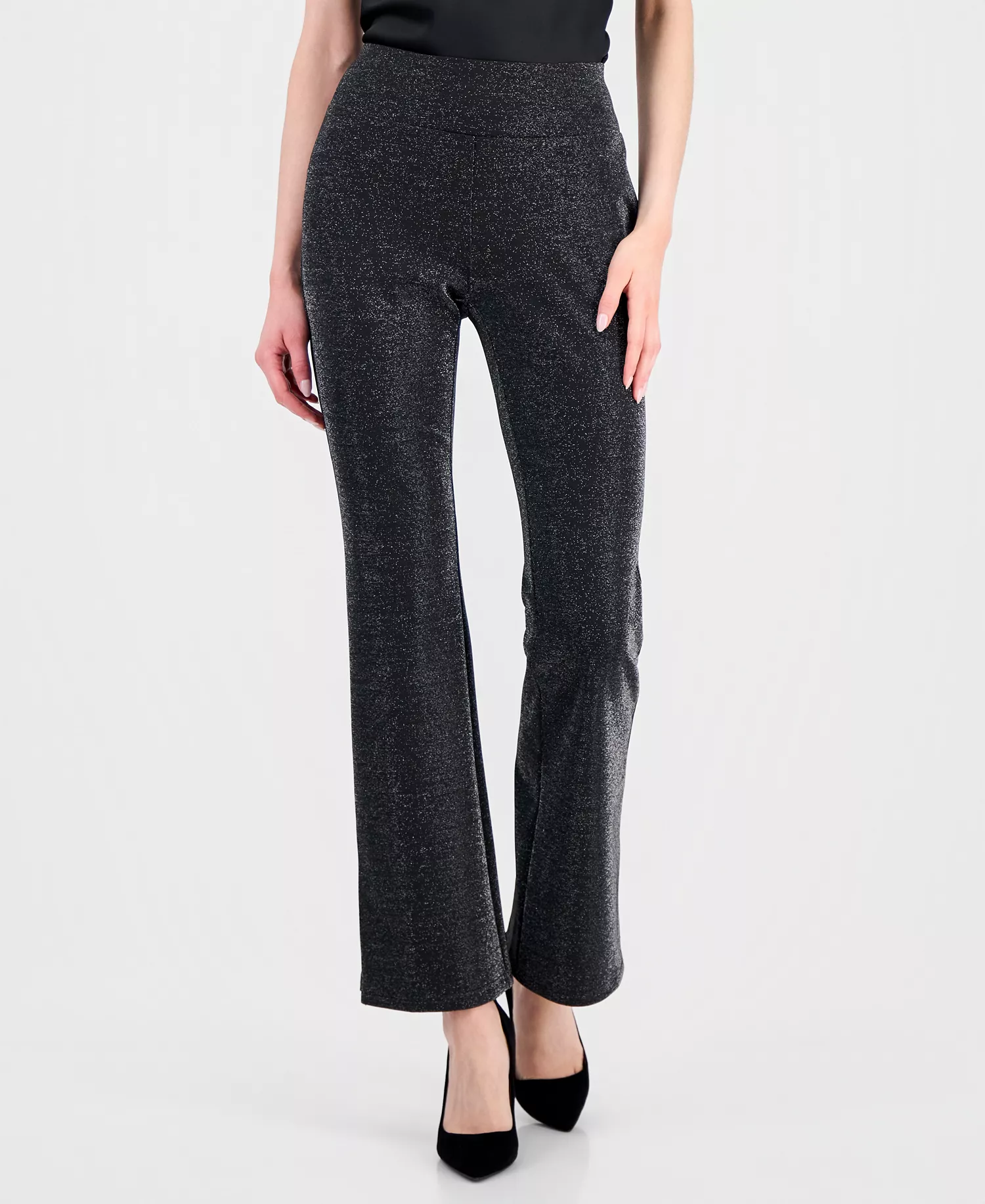 Women's Pull-On High-Rise Flare-Leg Metallic Pants  - Black/silver - L