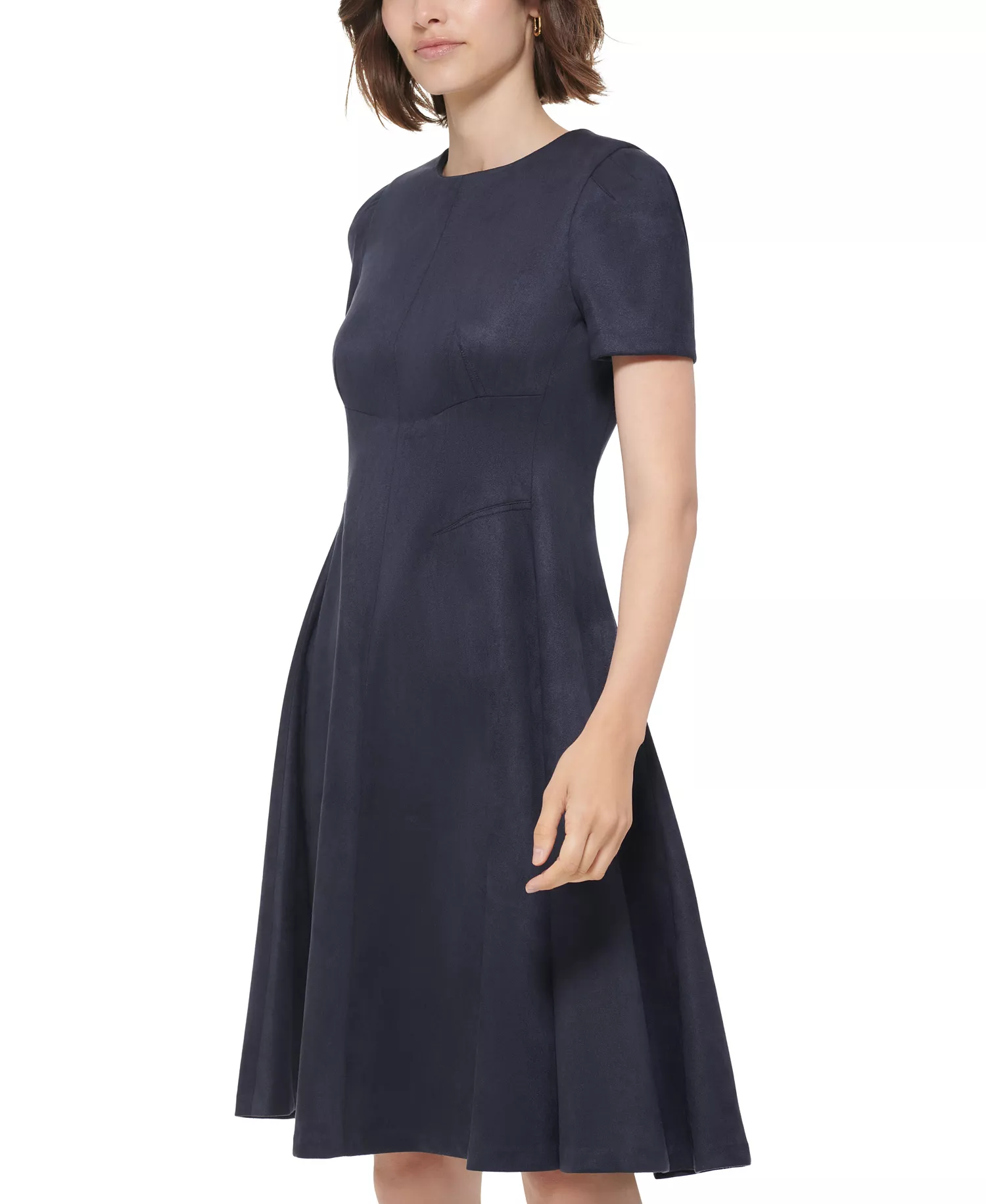 Petite Short-Sleeve Scuba Suede Dress - Navy - 0P