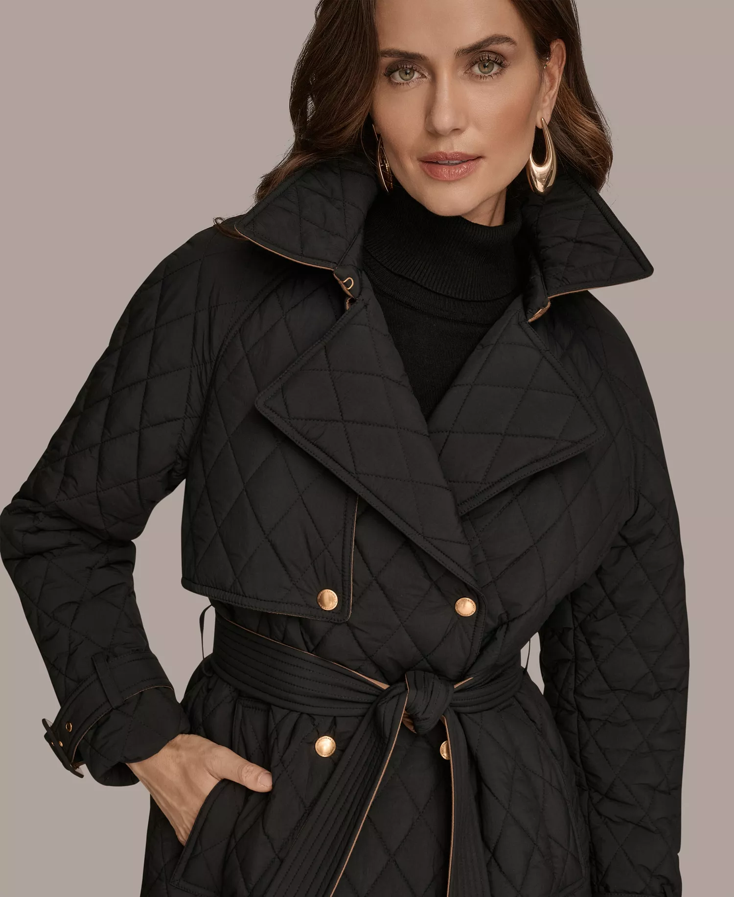Women's Belted Maxi Quilted Coat - Black - M
