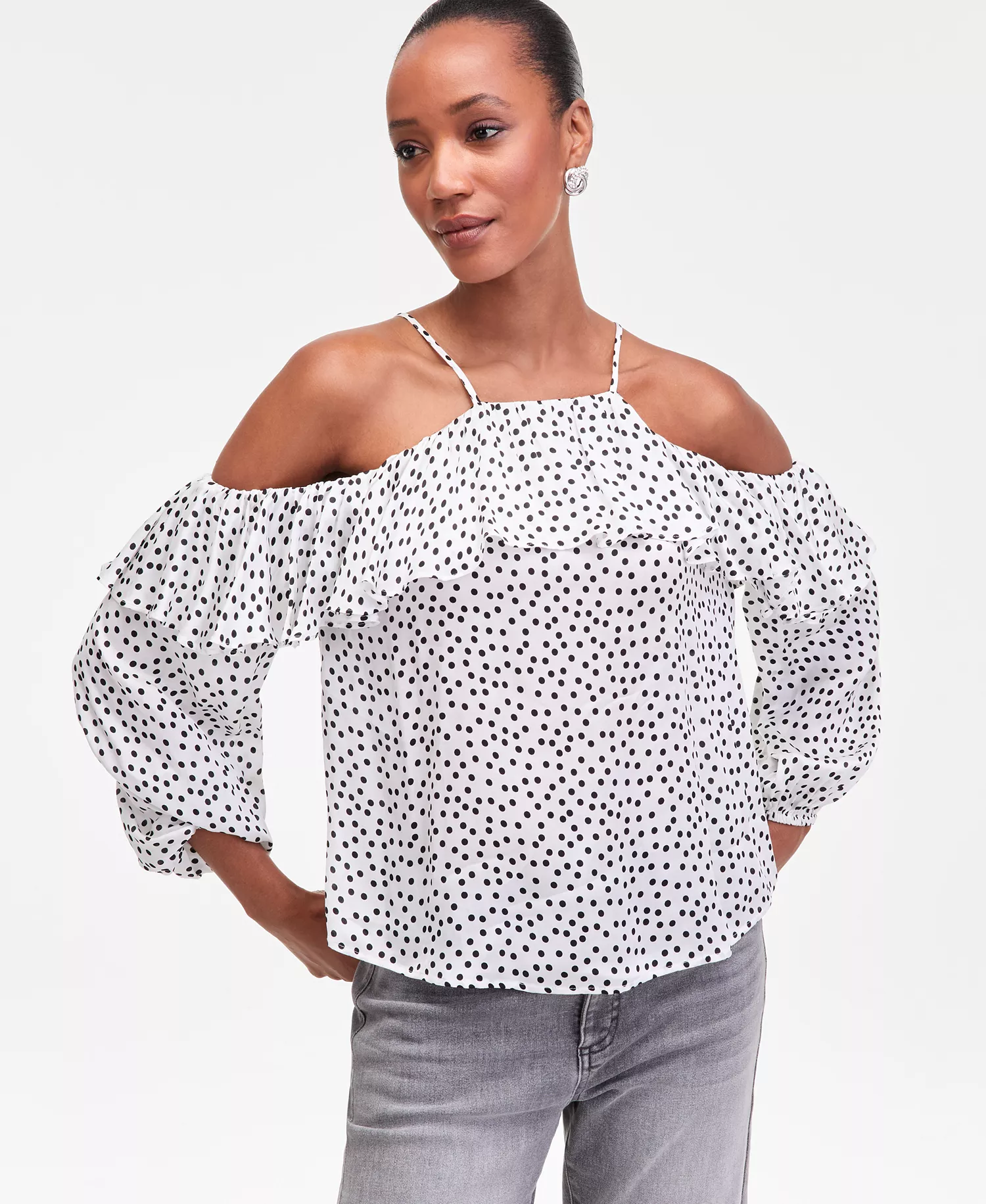 Women's Long Sleeve Cold-Shoulder Printed Blouse, Macy's Exclusive  - Lilia Dots - L