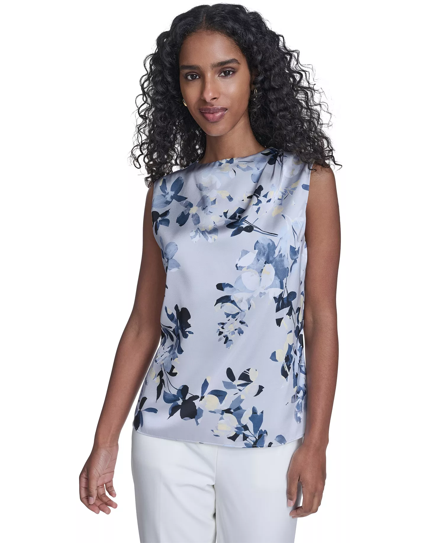 Women's Printed Sleeveless Charm Back Keyhole Top - Mist/double Cream Multi - L