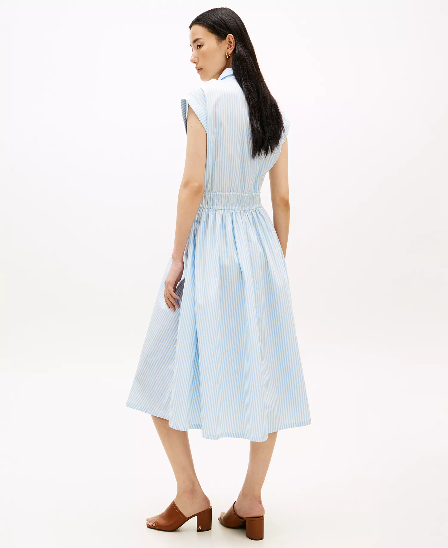 Women's Smocked Waist Sleeveless Shirt Dress - Banker Stripe Vessel Blue/White - L