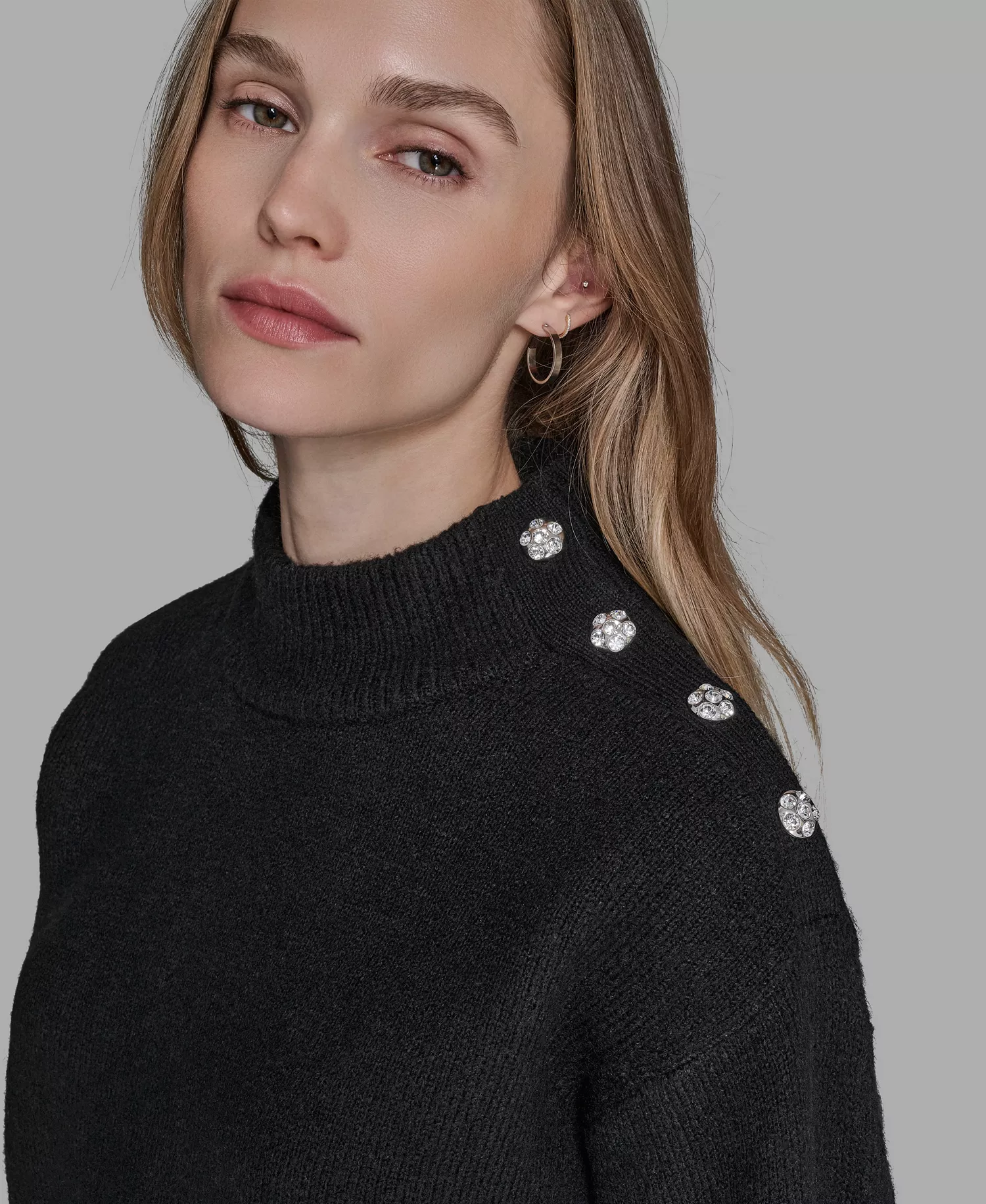 Women's Button Shoulder Long Sleeve Sweater - Black - XS