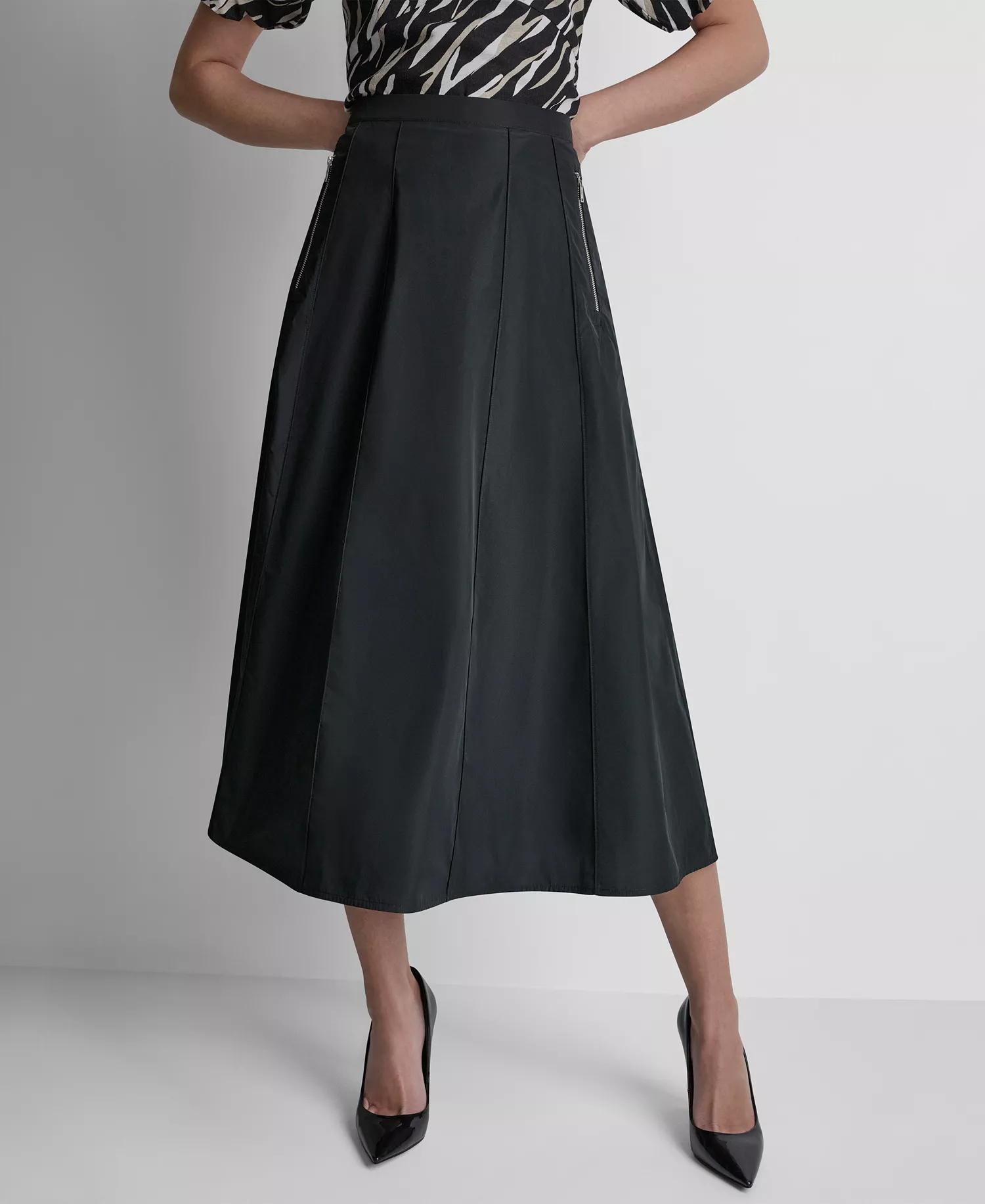 Women's Taffeta A-Line Seamed Midi Skirt - Black - 0