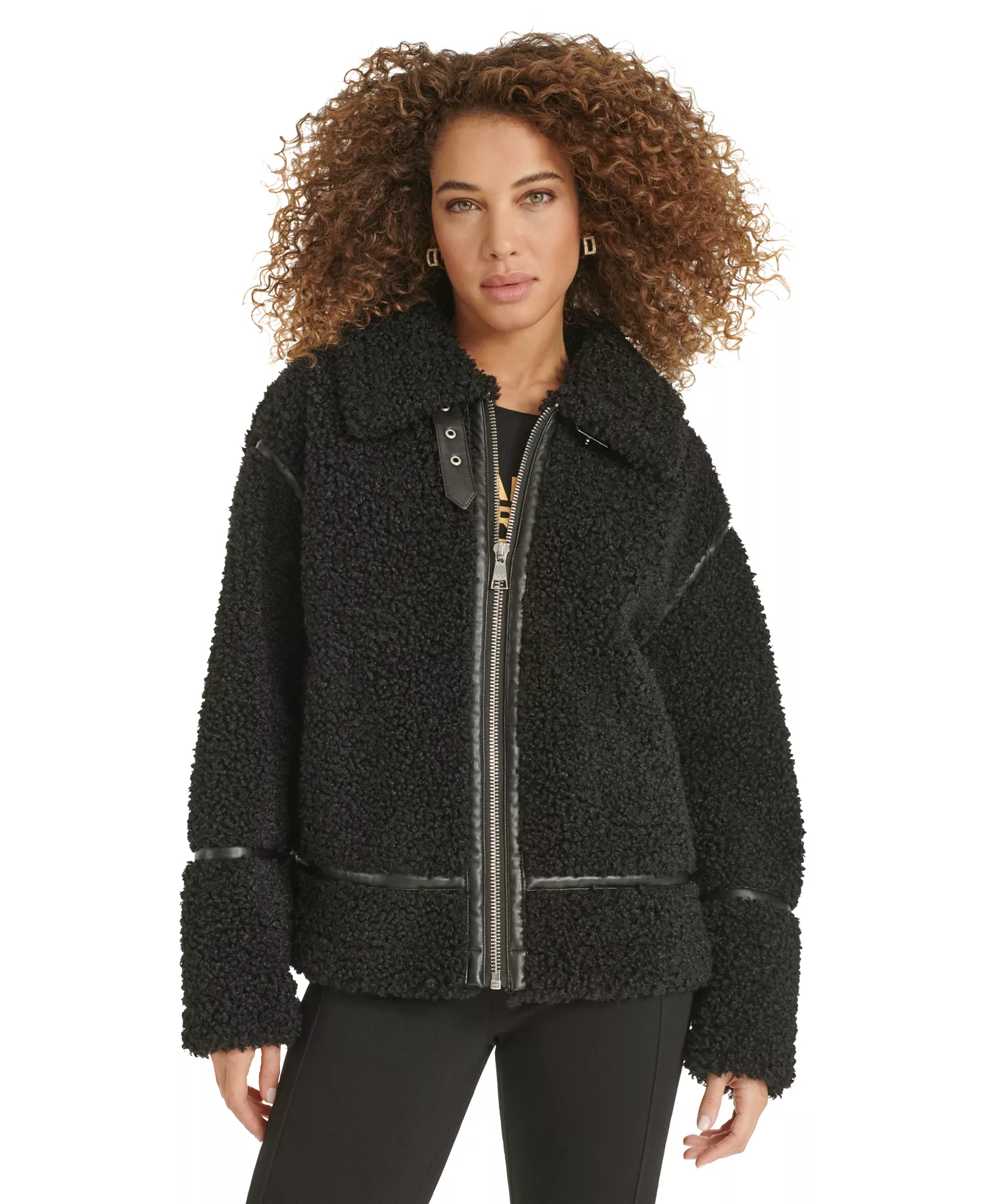 Women's Faux-Leather-Trim Teddy Moto Coat - Black - L