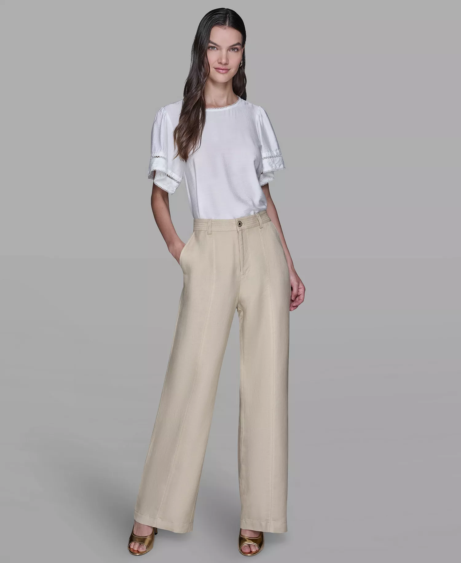 Women's Linen-Blend Straight Pocket Detail Pants - Desert Sand Multi - 10