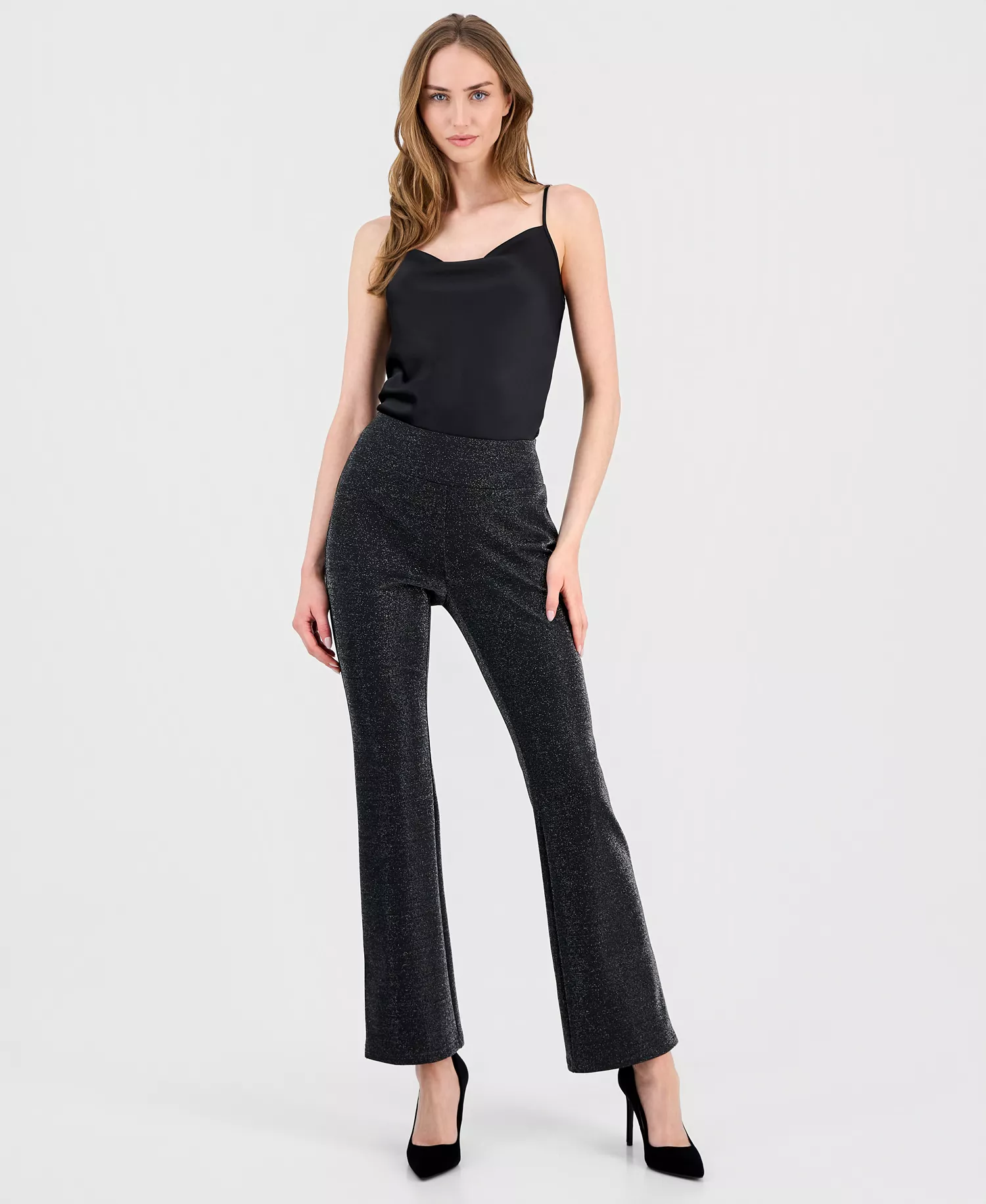 Women's Pull-On High-Rise Flare-Leg Metallic Pants  - Black/silver - L